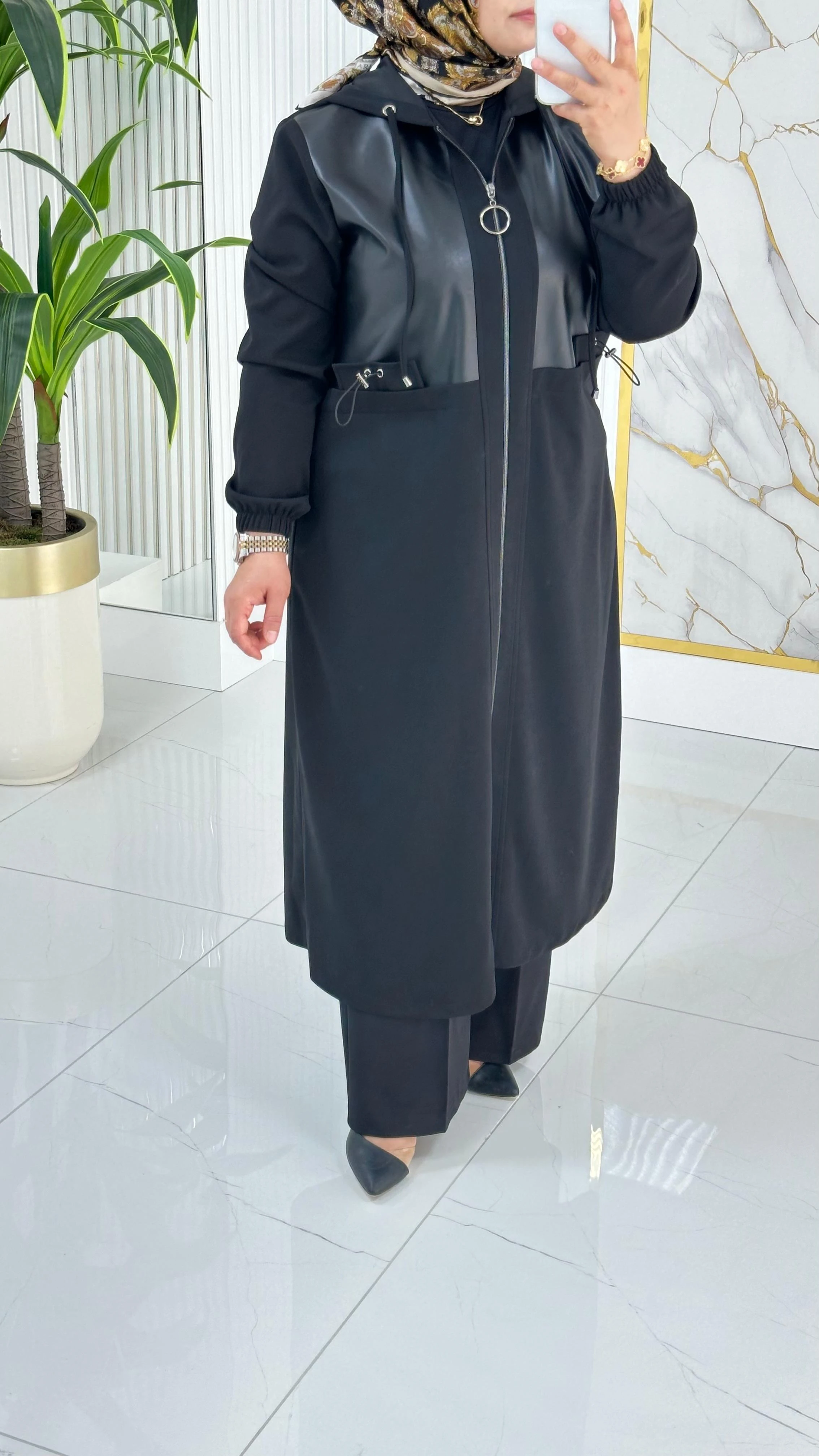 Önü Fermuarlı Deri Kombinli Kadın Giyçık Kap 2278 - Siyah