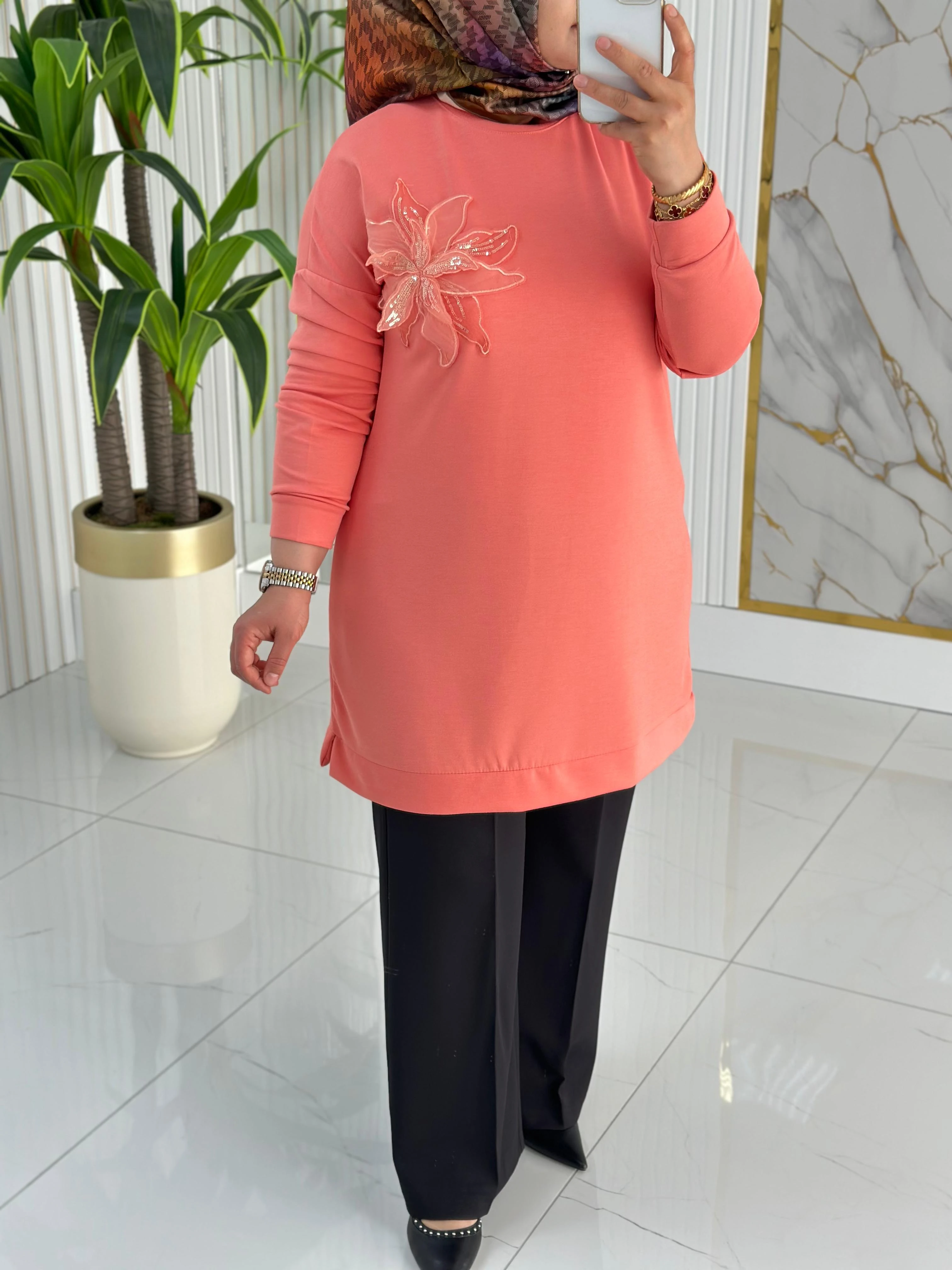 Kado Çiçek Desenli Tunik 7346 - Kavun