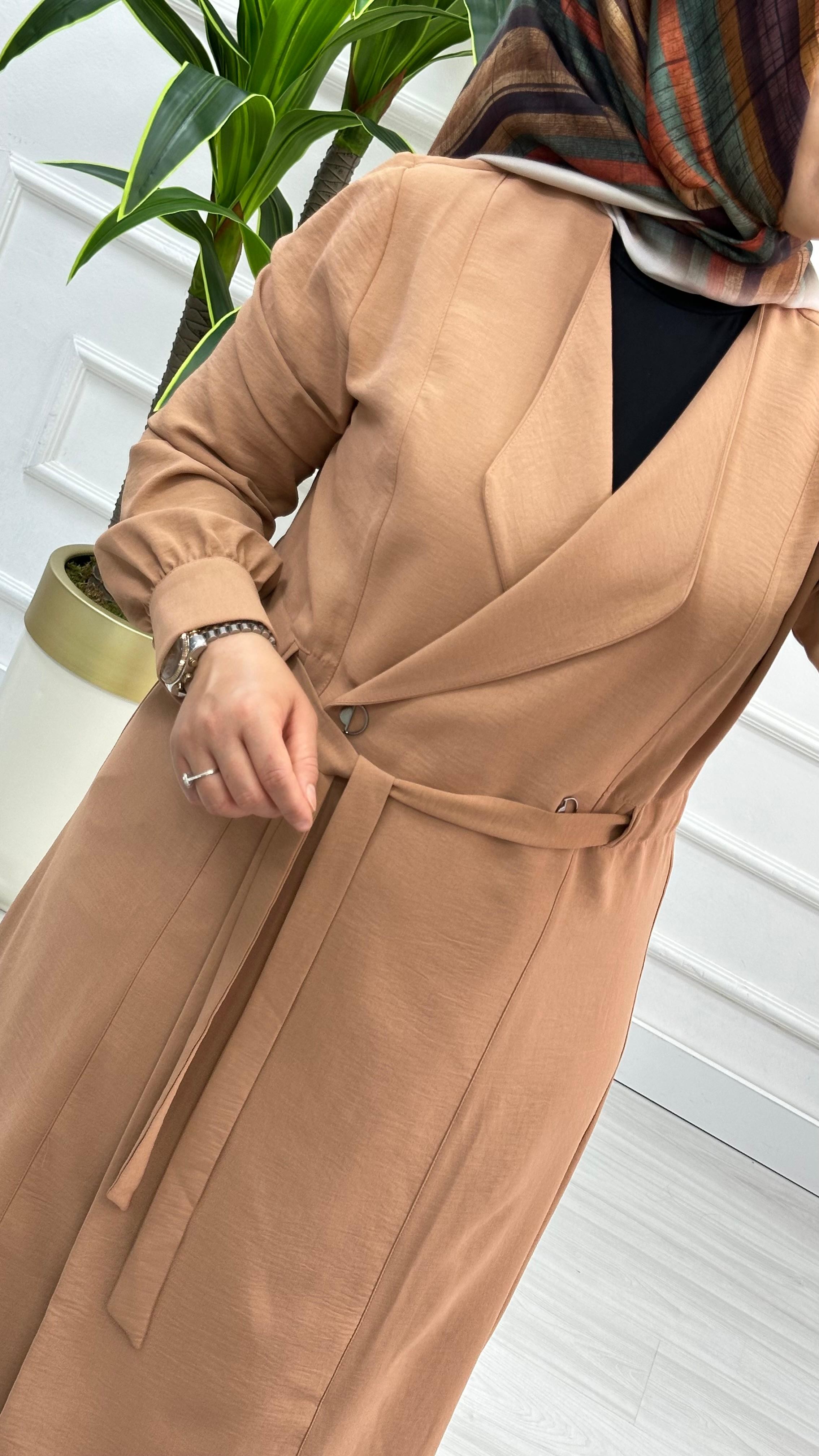 Panova Çıt Detaylı Kuşaklı Anvelok Kapamalı Giy Çık 7010 - Camel