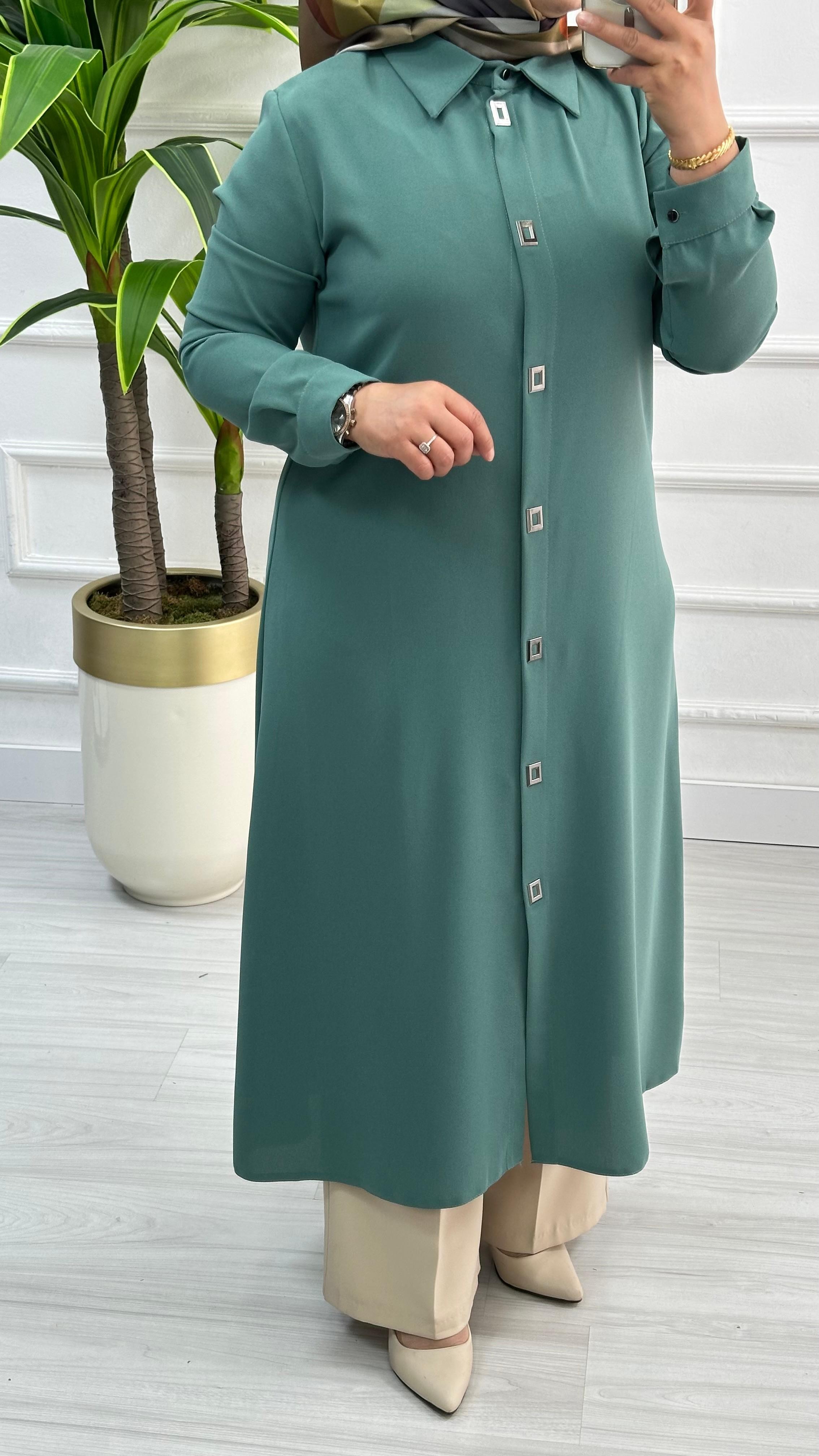Çınar Özkan Çıt Çıtlı Uzun Tesettür Tunik Giyçık 2132 - Mint Yeşili