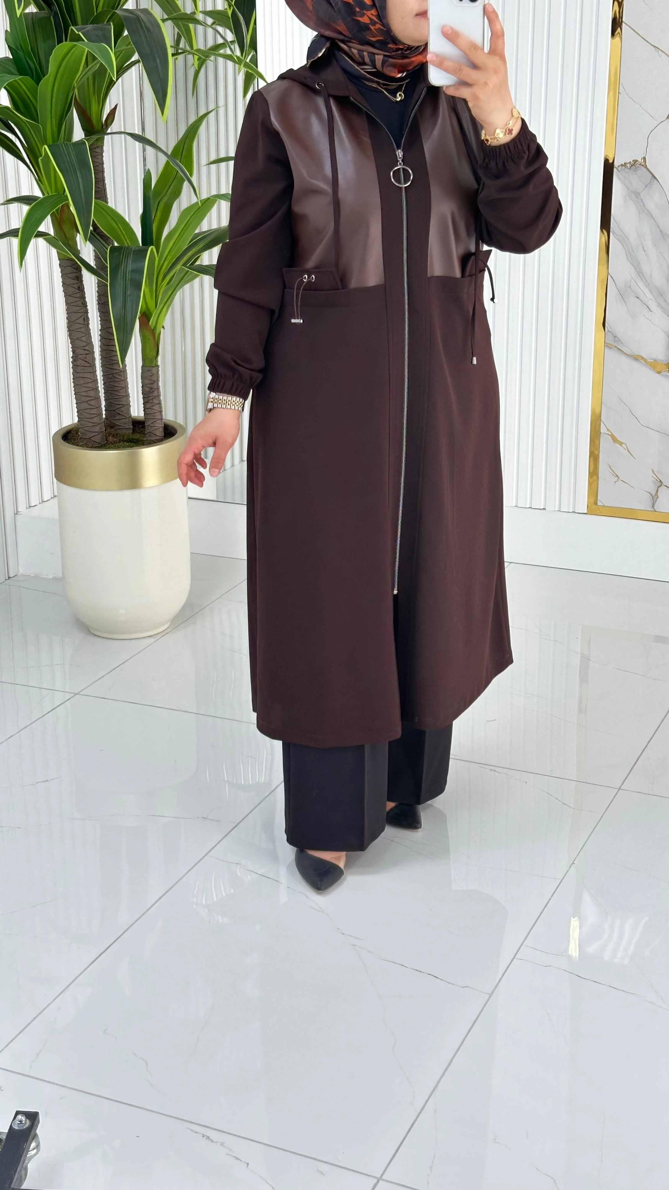 Önü Fermuarlı Deri Kombinli Kadın Giyçık Kap 2278 - Açık Kahve