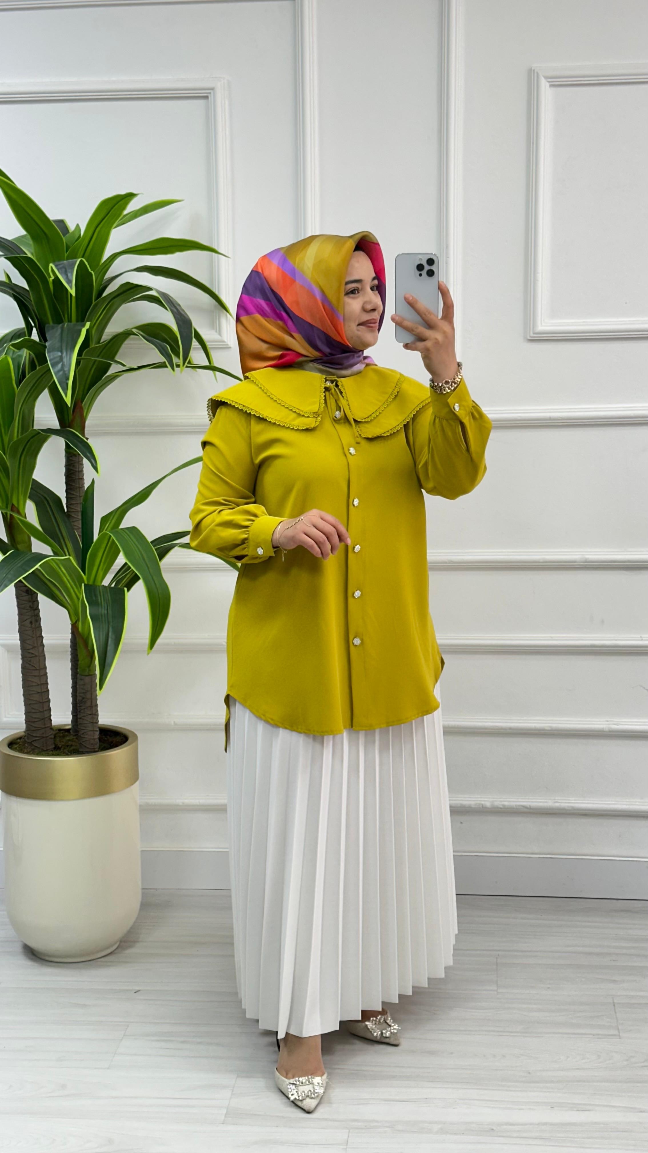 Dantelli Çift Yakalı Linda Tunik 1734 - Yağ Yeşili