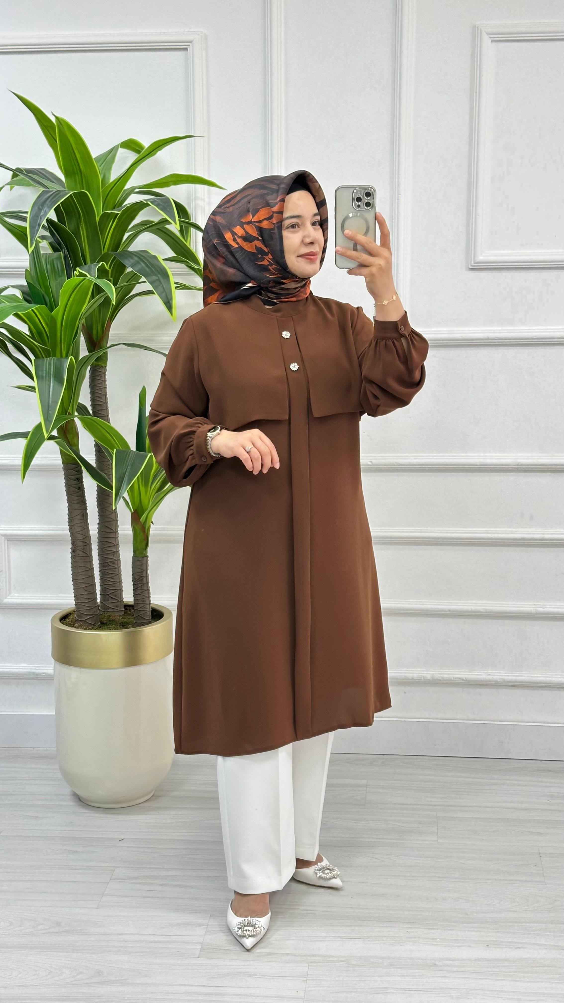 Alesya Taşlı Cepkenli Polo Krep Tunik 4887 - Kahverengi