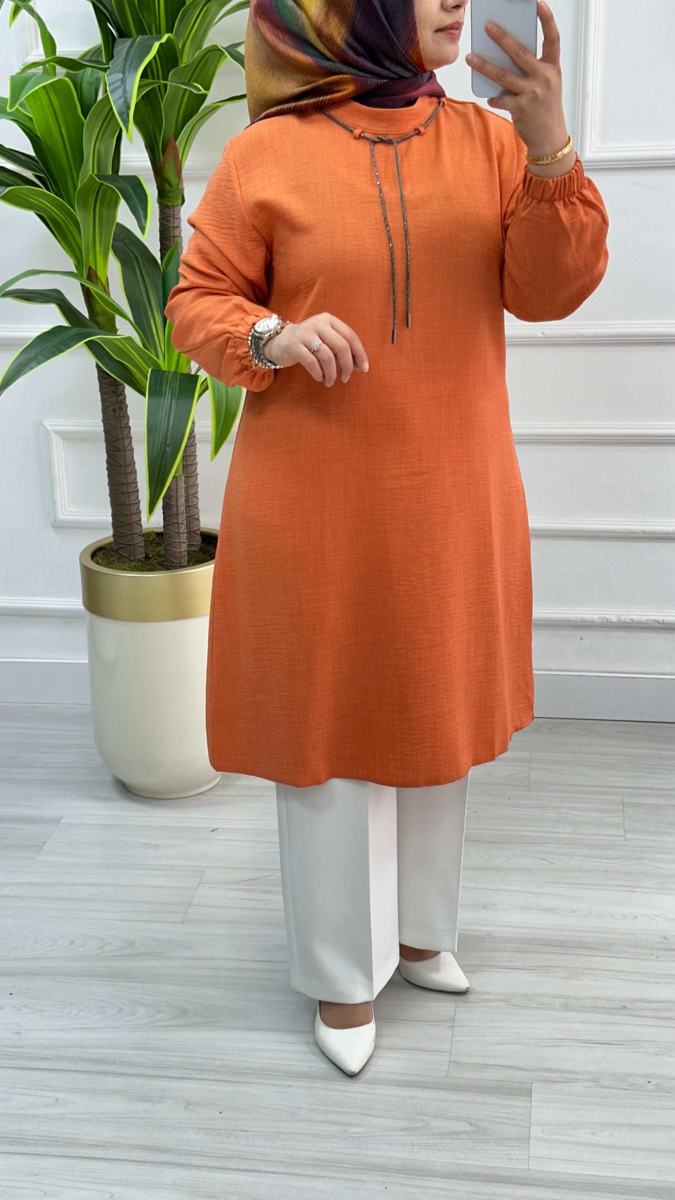 Sim İpli Pamuk Keten Tunik 2819 - Oranj