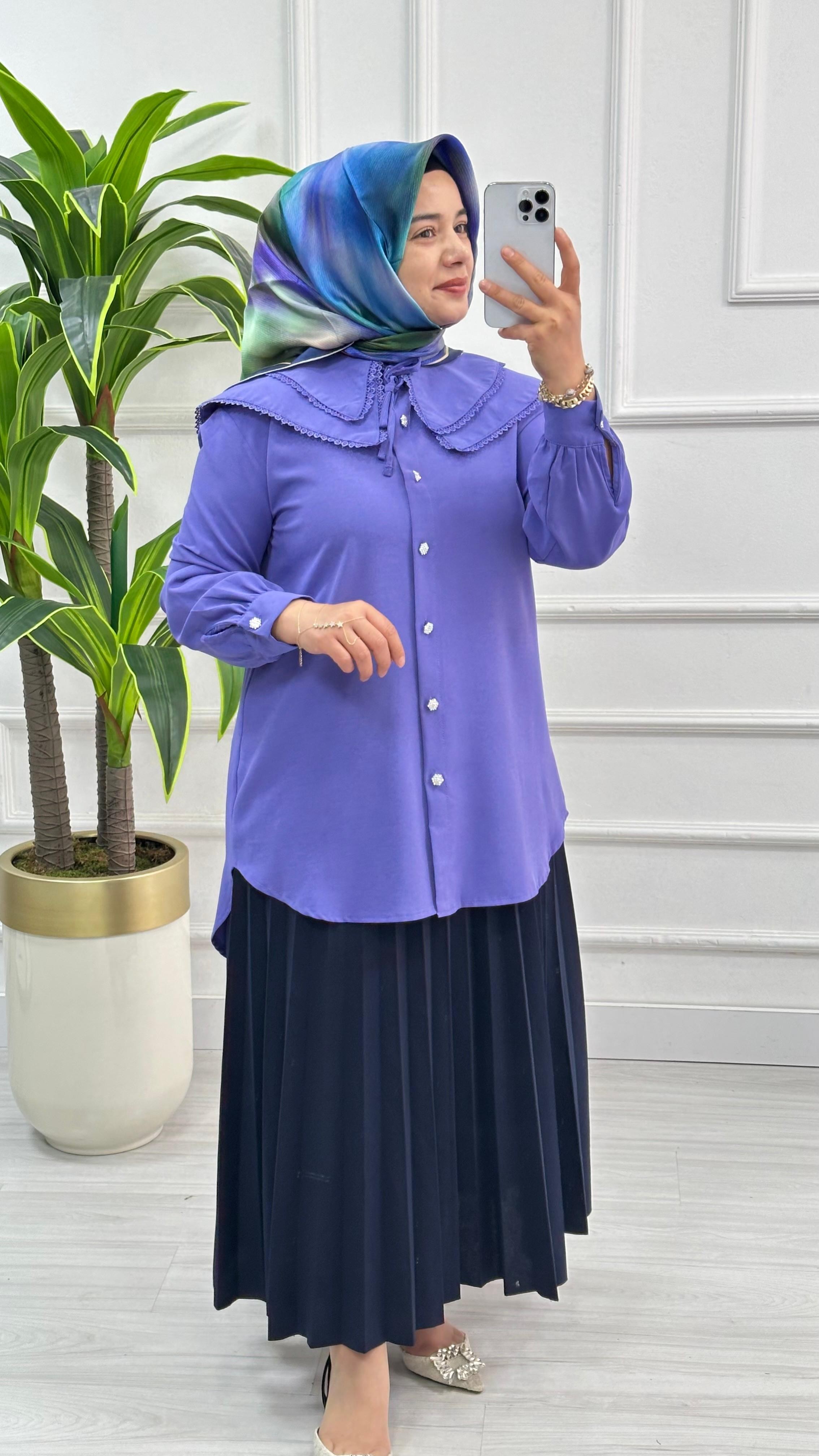 Dantelli Çift Yakalı Linda Tunik 1734 - Lila