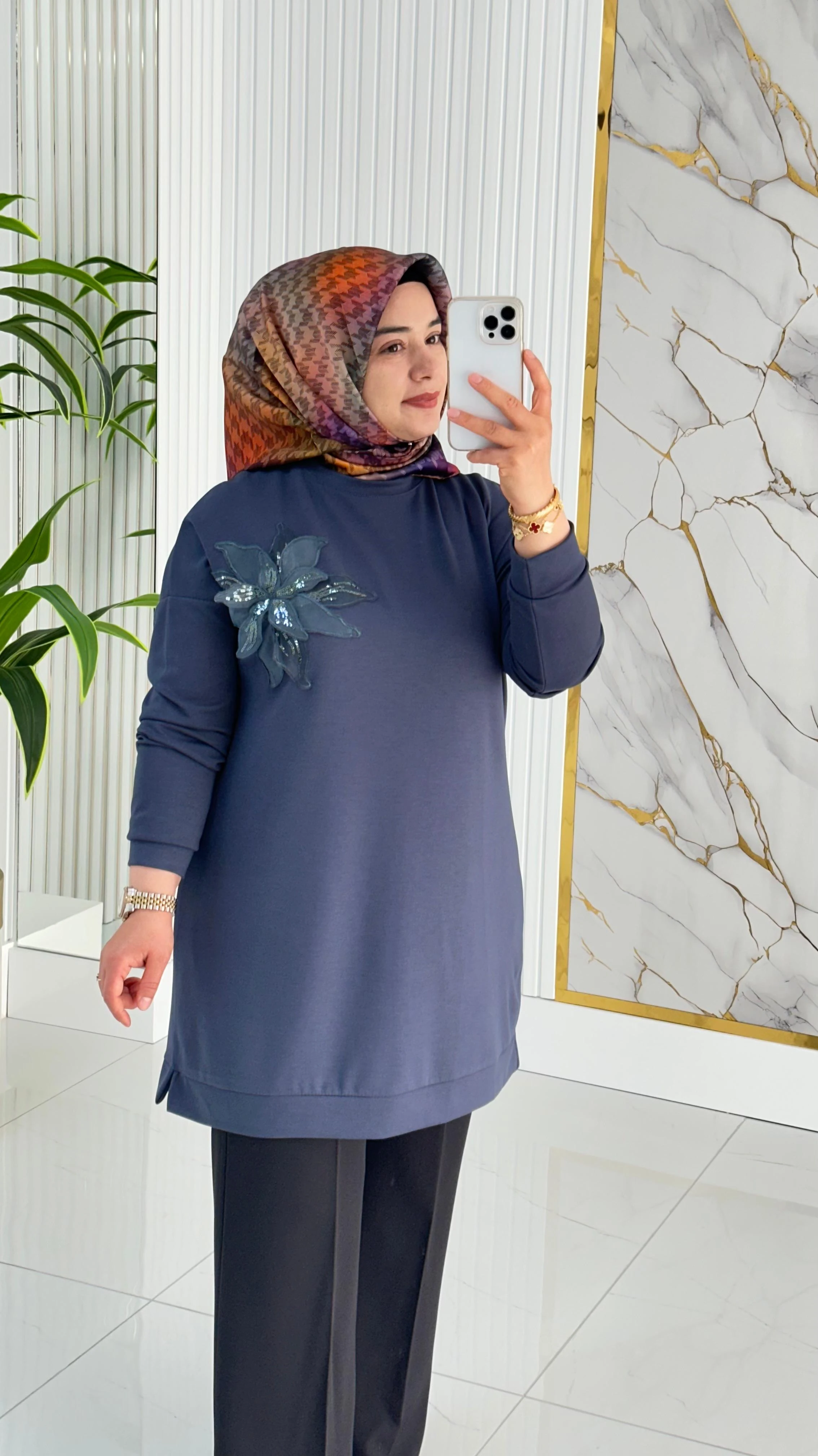 Kado Çiçek Desenli Tunik 7346 - Füme