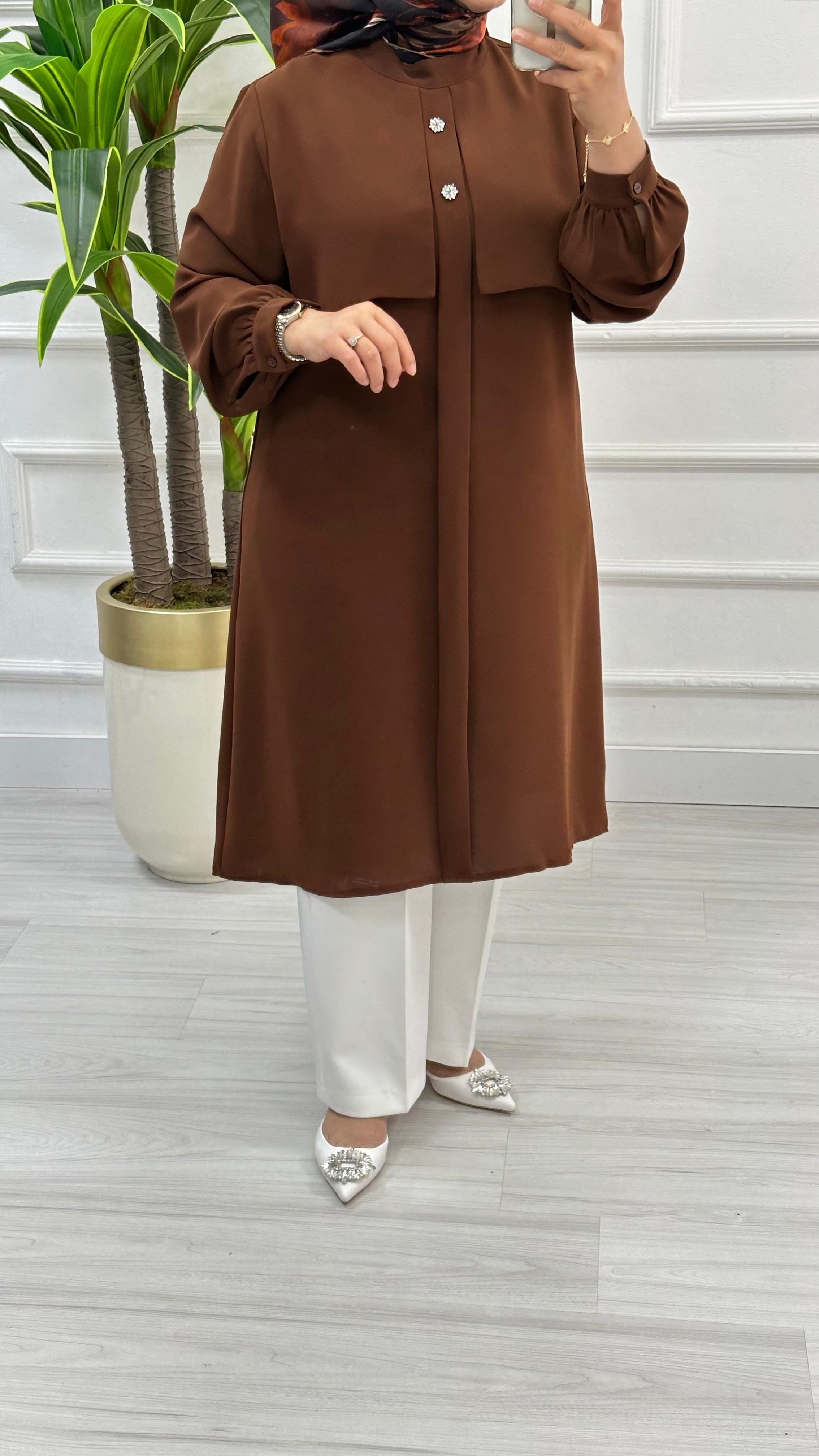 Alesya Taşlı Cepkenli Polo Krep Tunik 4887 - Kahverengi