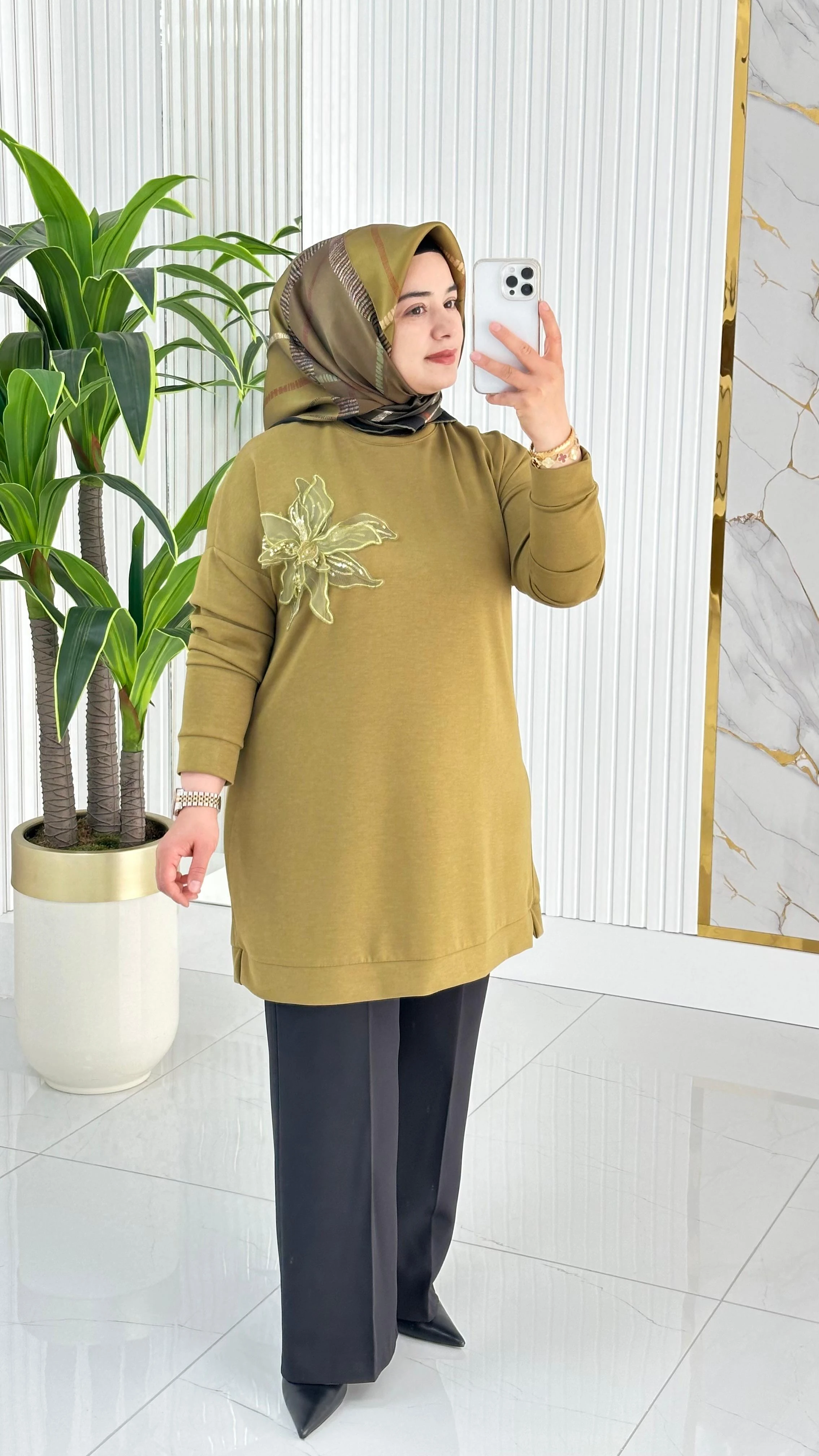 Kado Çiçek Desenli Tunik 7346 - Yağ Yeşili