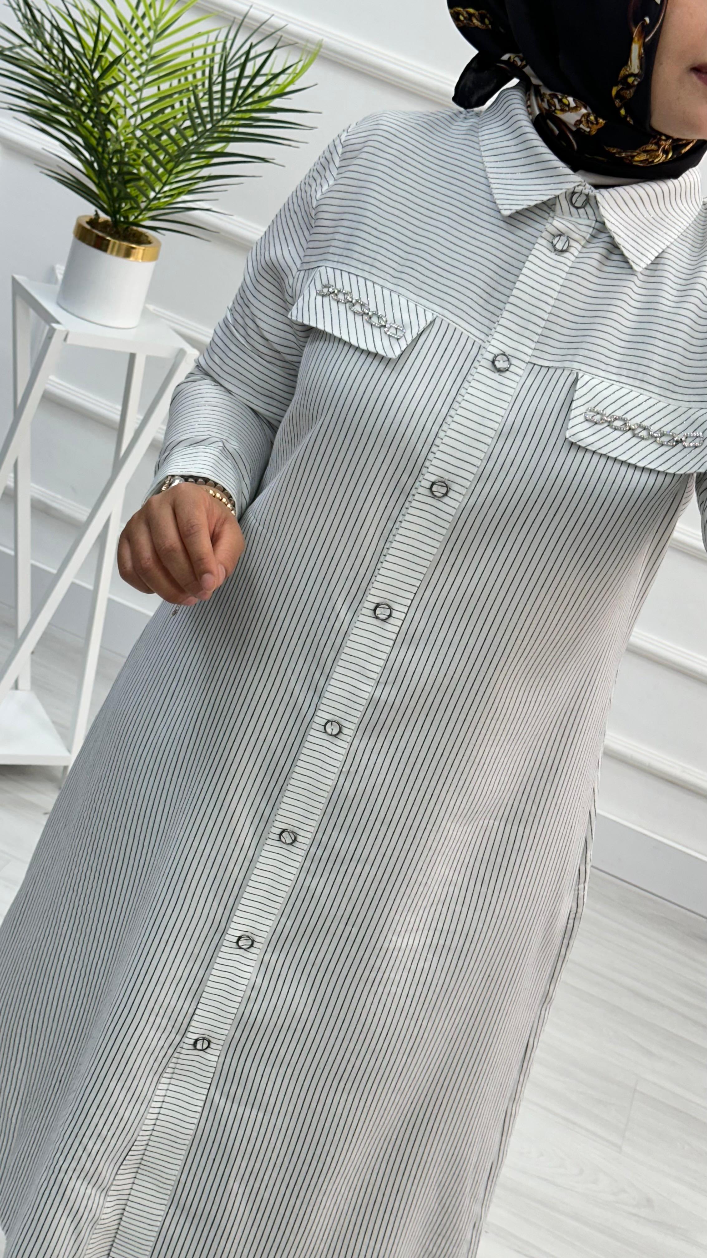 Qetenn Çizgili Cep Kapakları Zincir Detaylı Tunik 2837