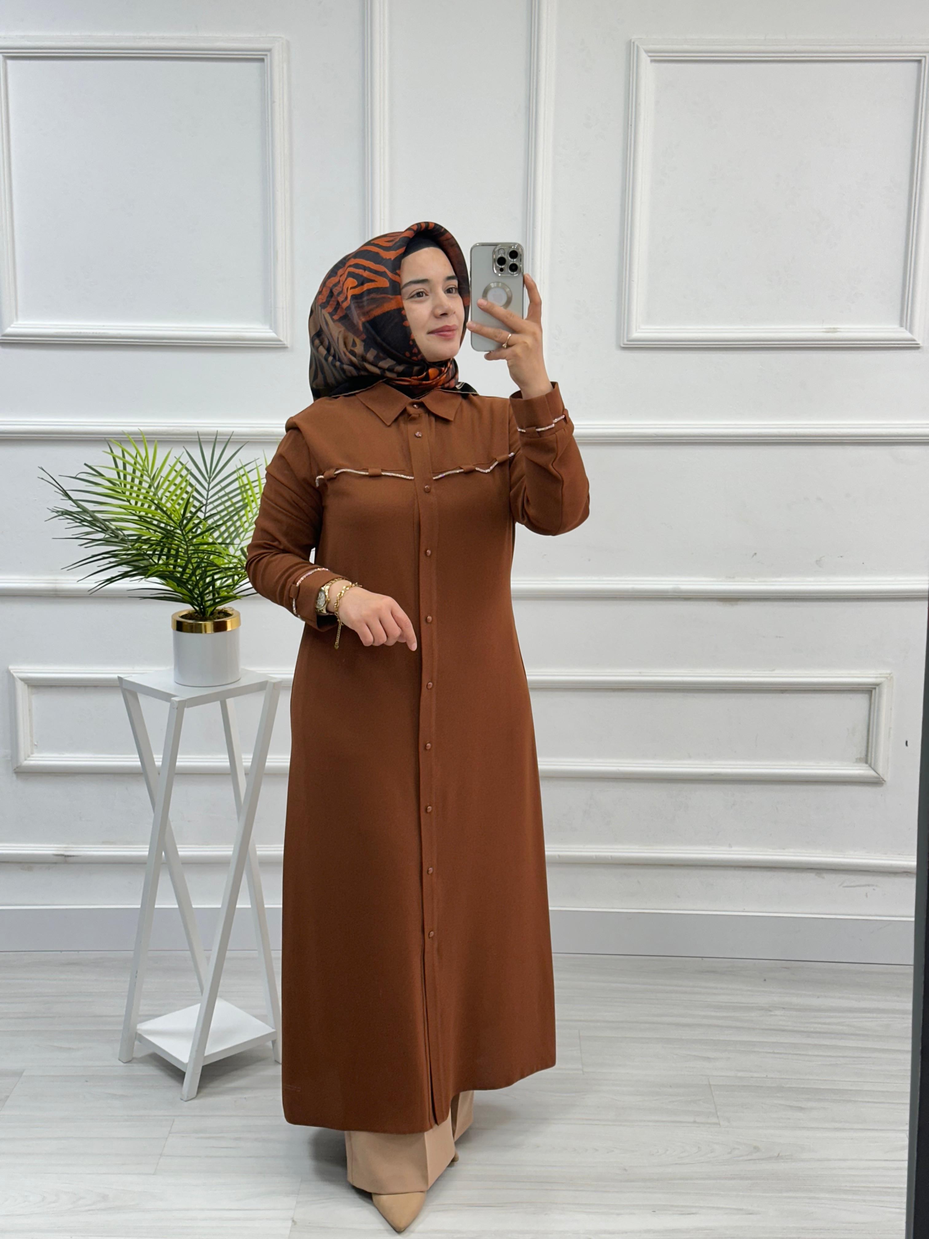Kolları Ve Önü Taş Detaylı Tunik 4712 - Taba