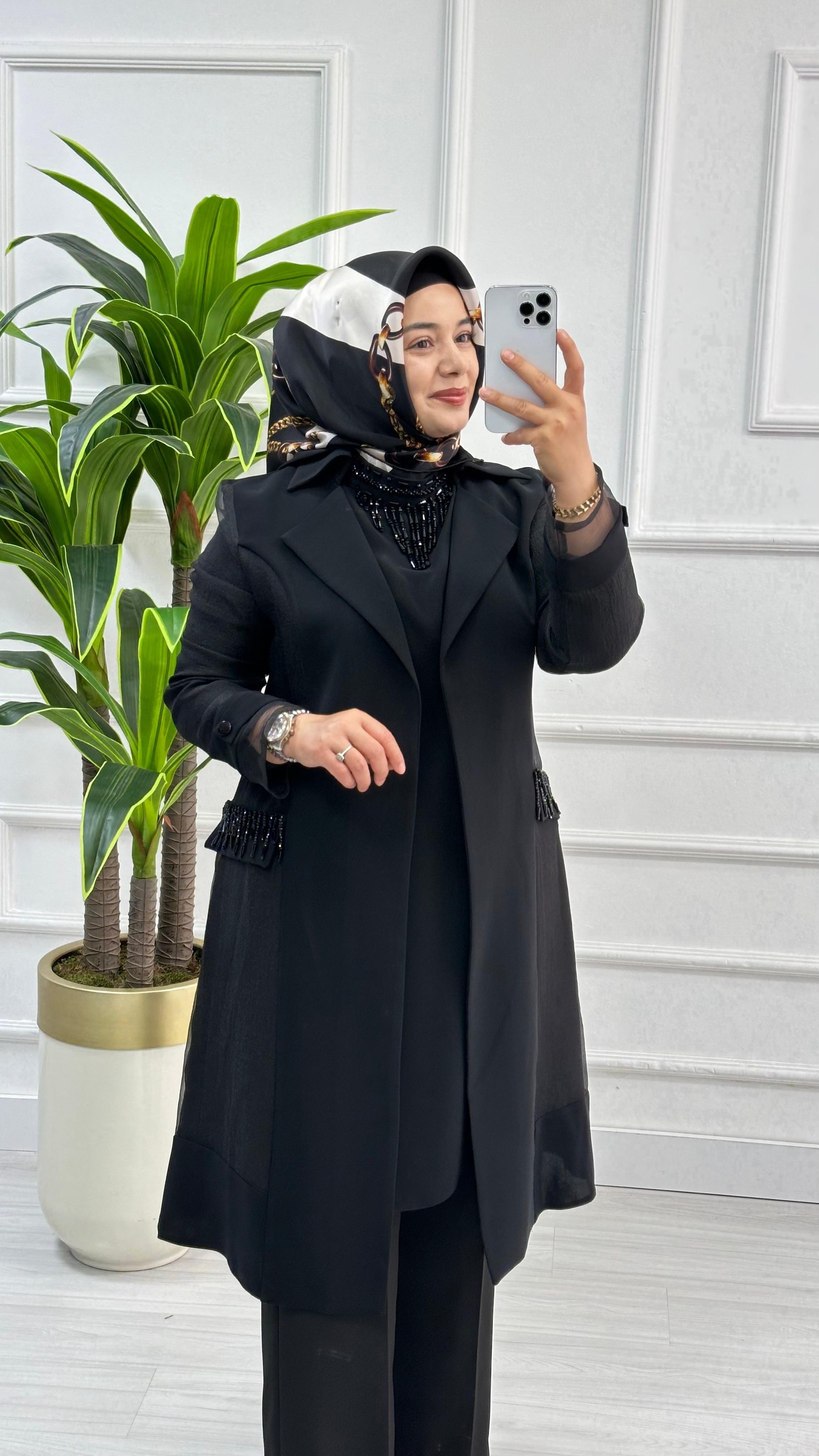 Altın Kreasyon Kolları Organze Tüllü Yelek ve Uzun Kol İçlikli İkili Takım 8750