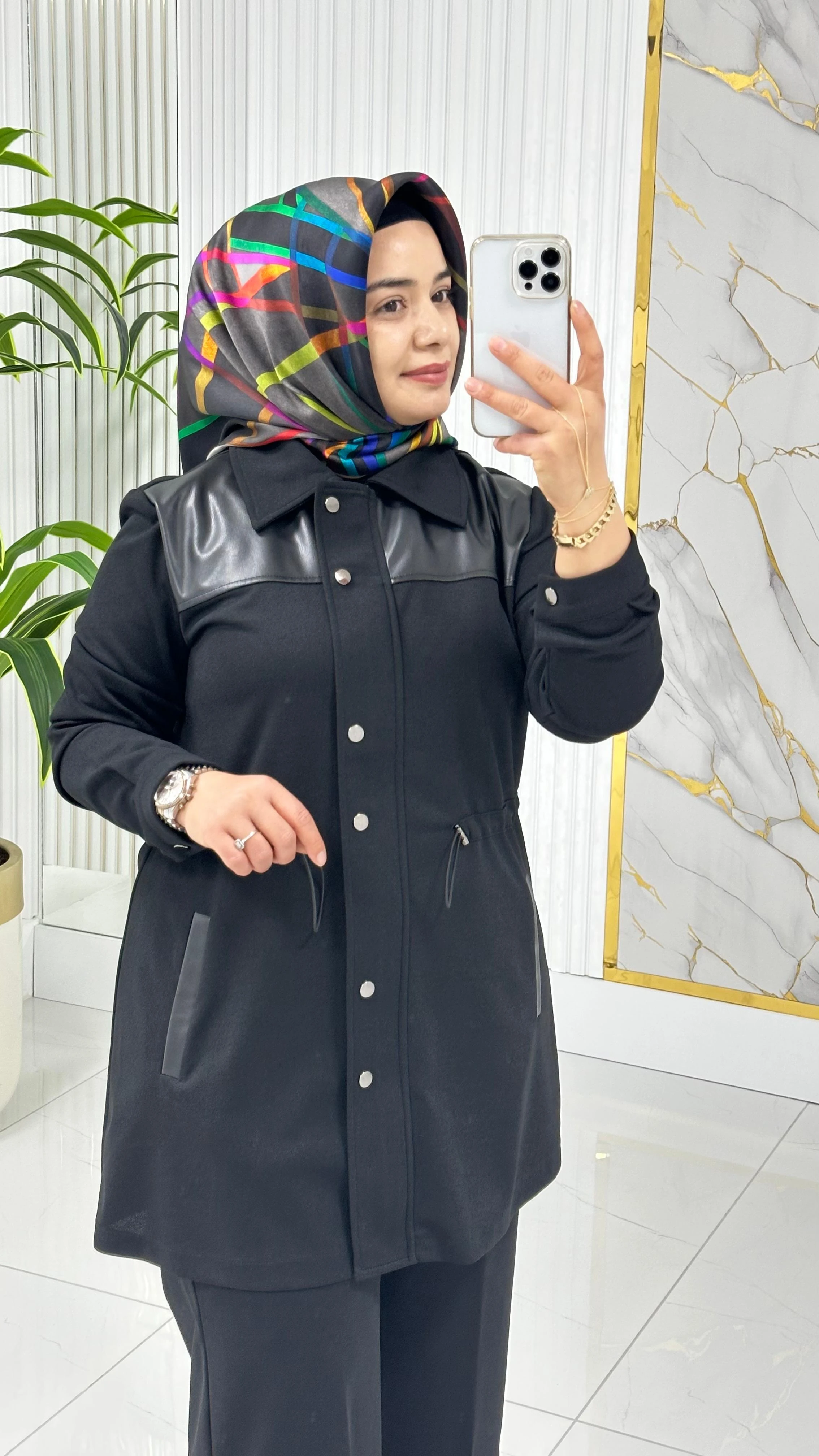 ÇINAR ÖZKAN DERİ DETAYLI İKİLİ TAKIM 2235 - Siyah