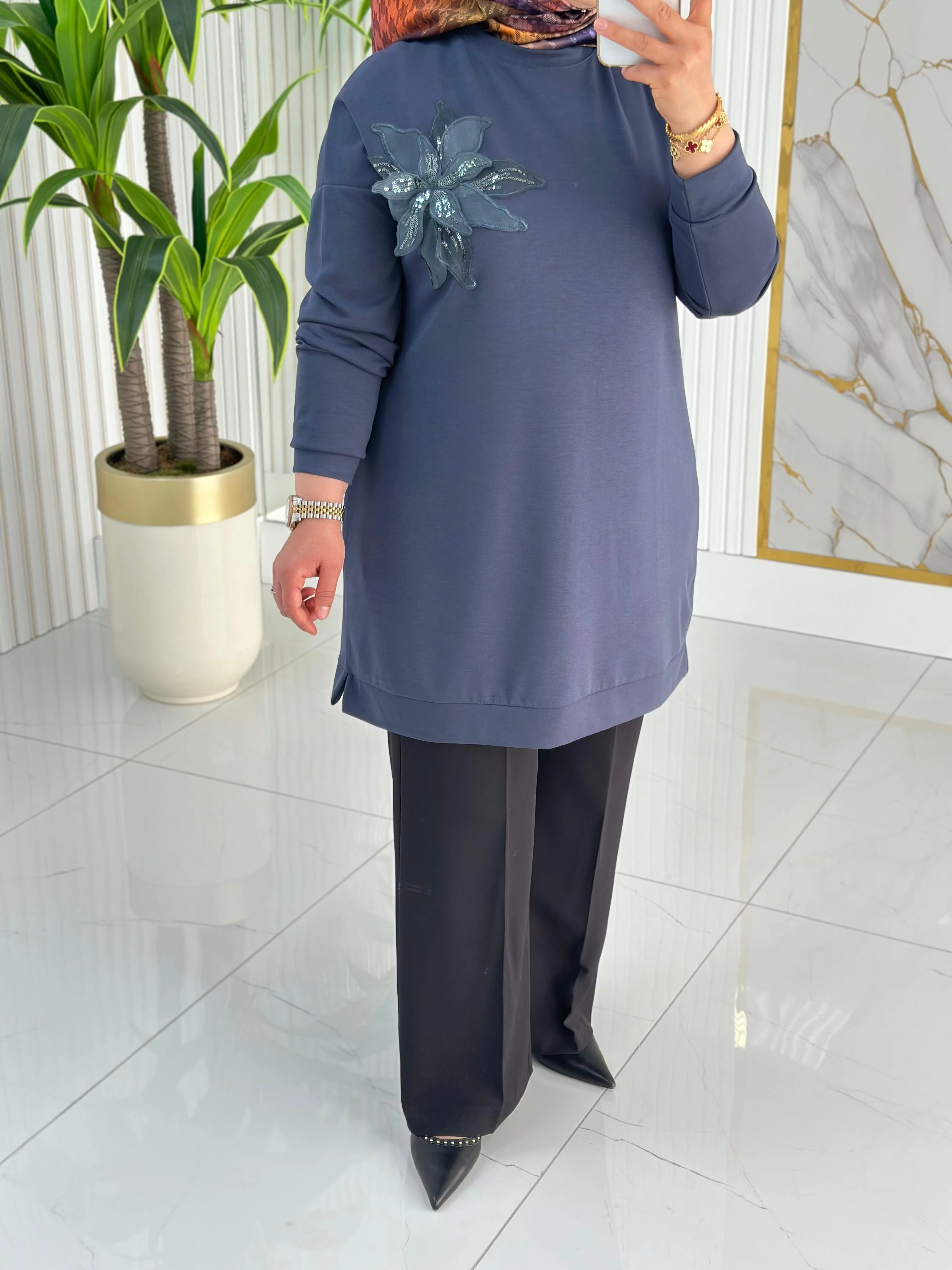 Kado Çiçek Desenli Tunik 7346 - Füme