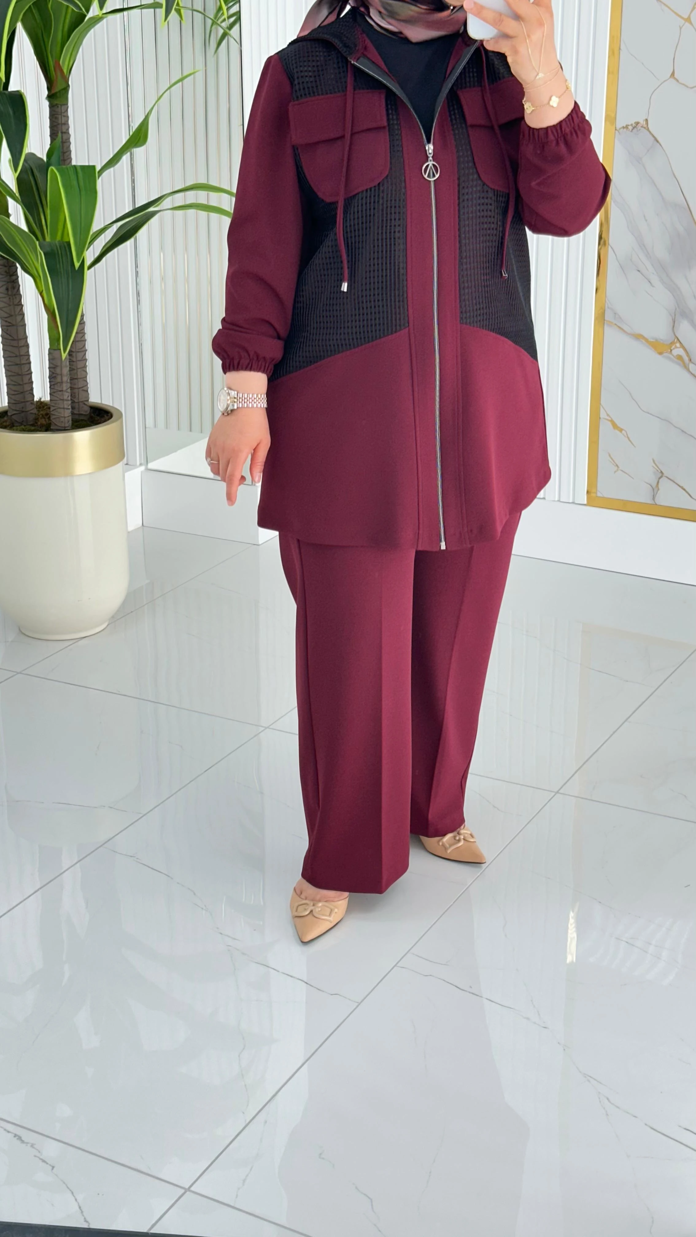 Çınar Özkan Fileli Pantolonlu Takım 2233 - Bordo