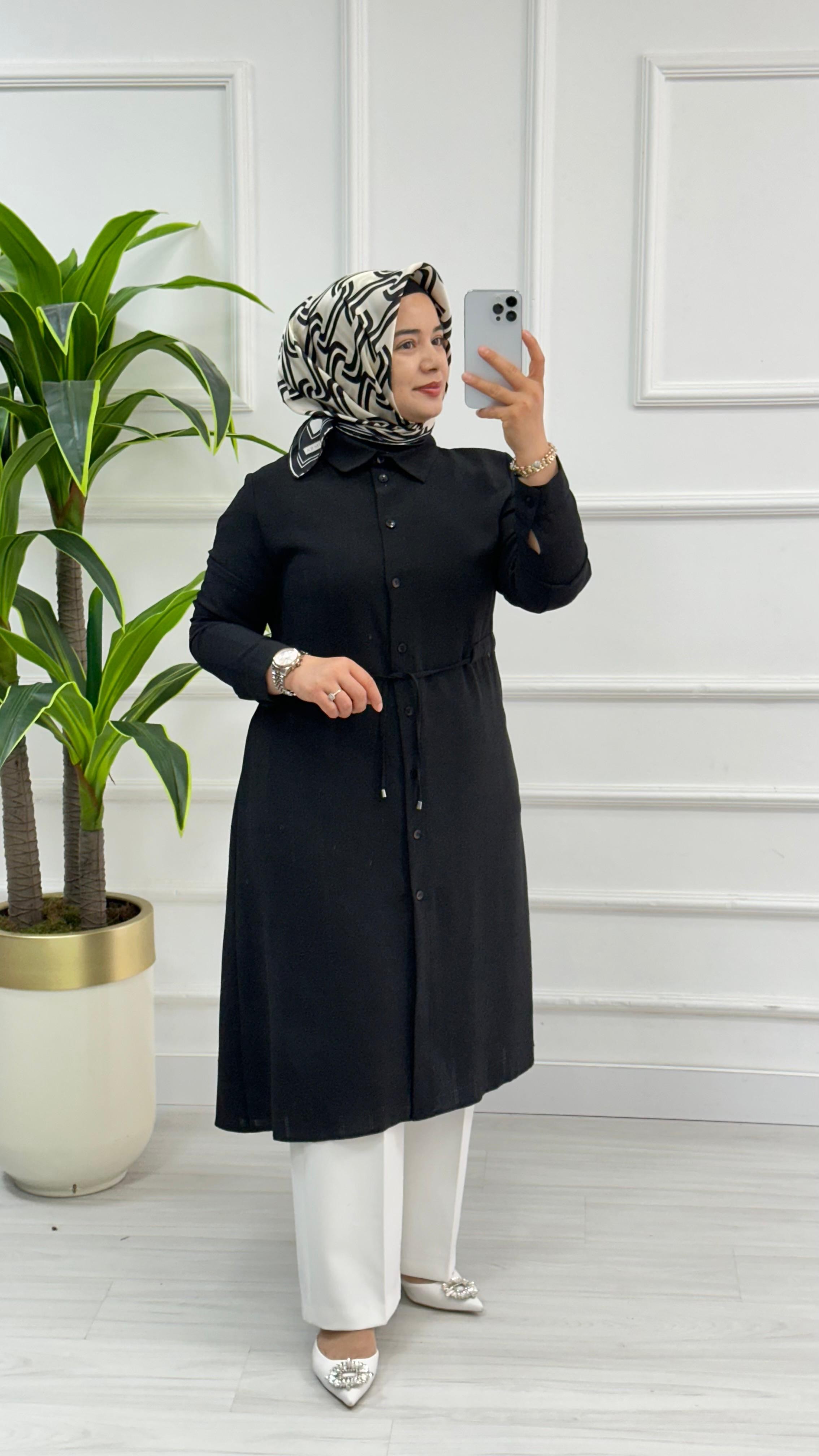 Ekose Desen Beli Büzgülü Kadın Tesettür Tunik 2937 - Siyah