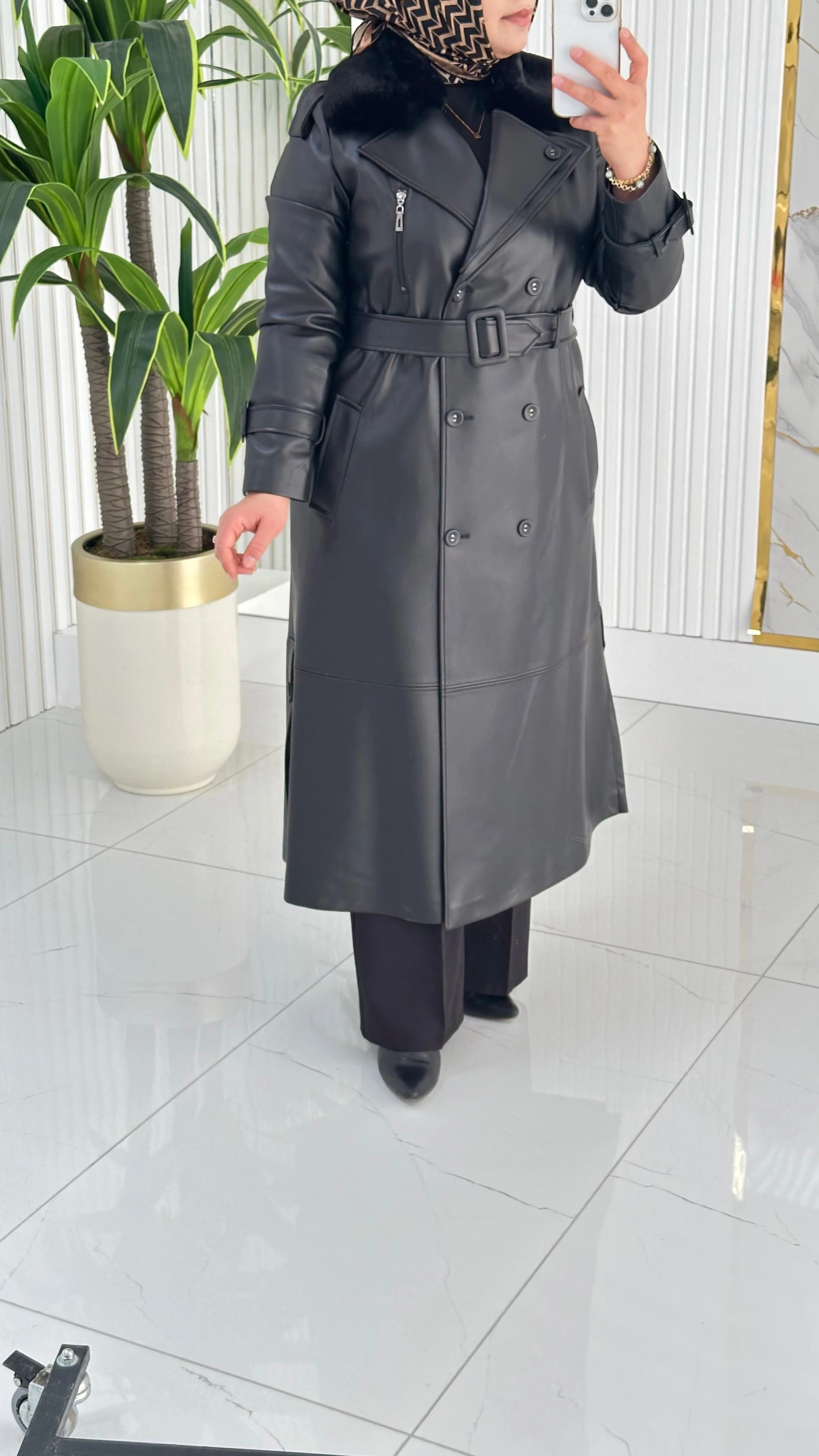 Zühre Kürk Yaka Fermuar Detaylı Deri Trençkot 1352