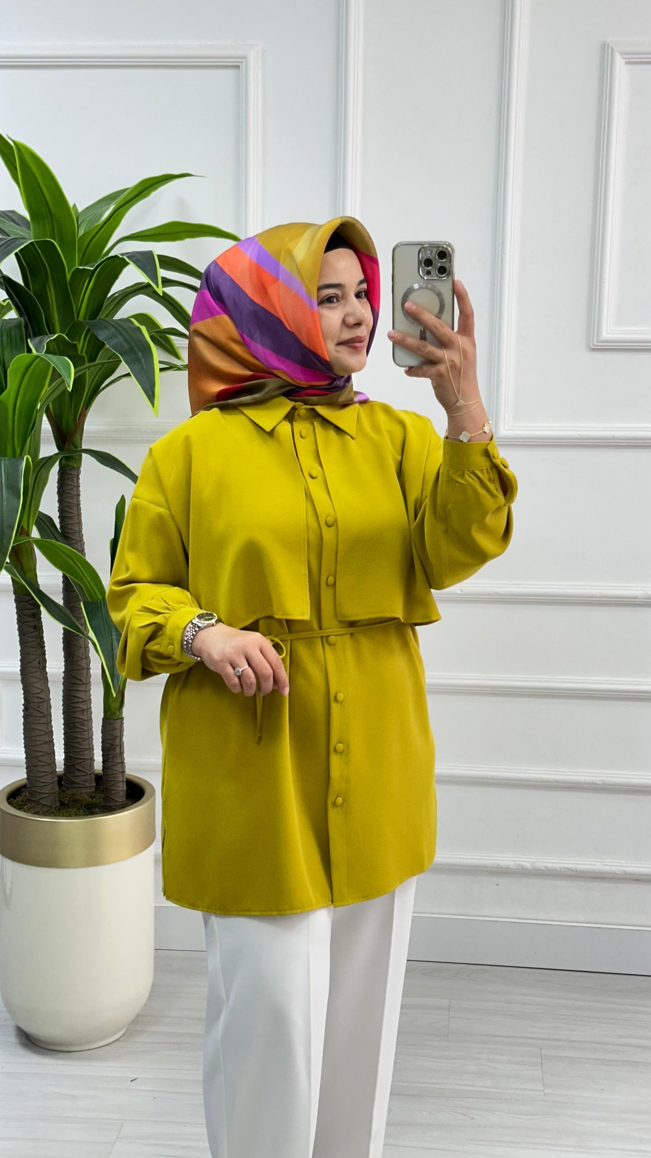 Cepkenli Biyeli Kemerli Linda Spor Tunik 1869 - Yağ Yeşili