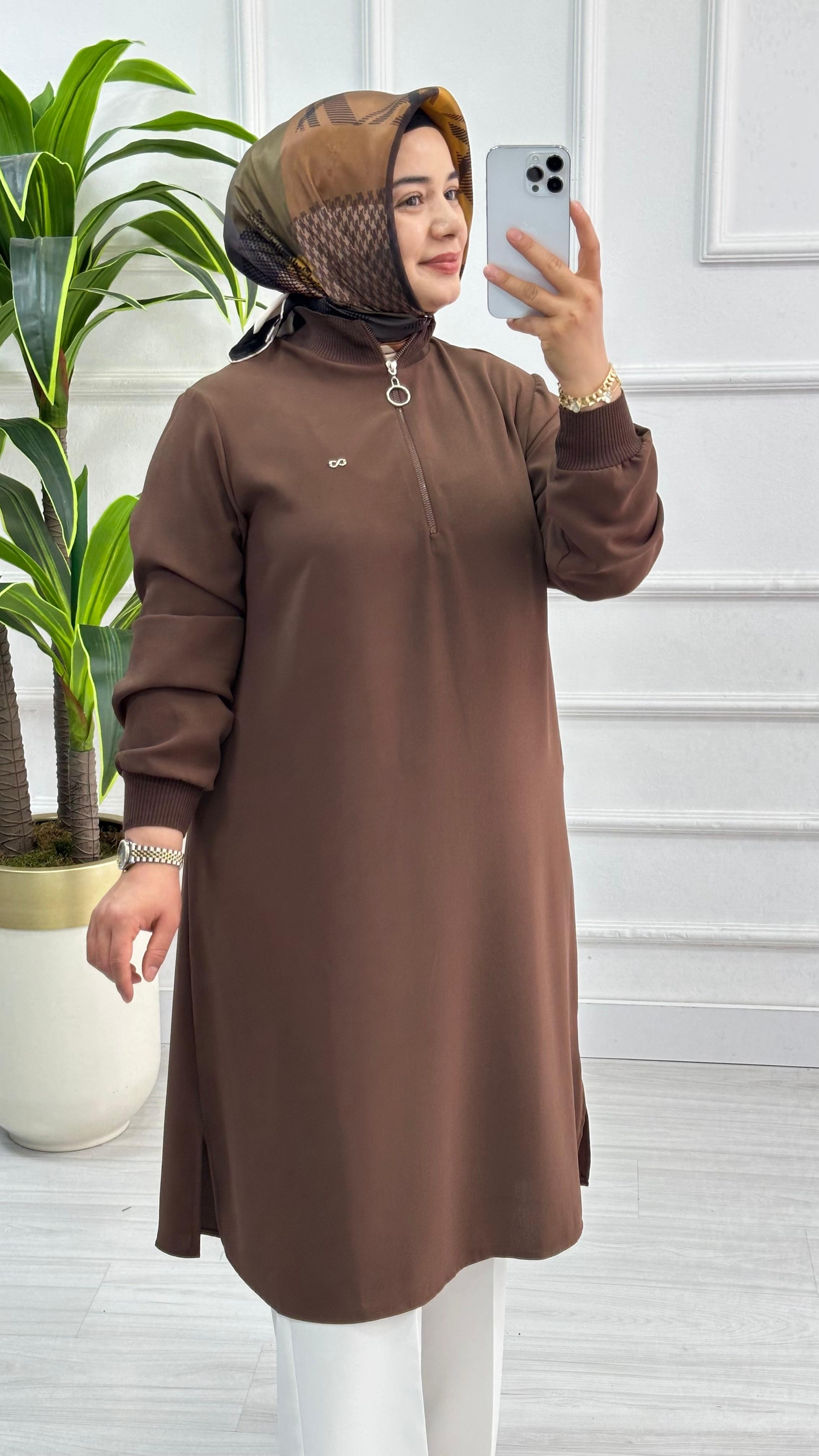 Kado Fermuarlı Uzun Boy Tesettür Tunik 1591 - Kahverengi