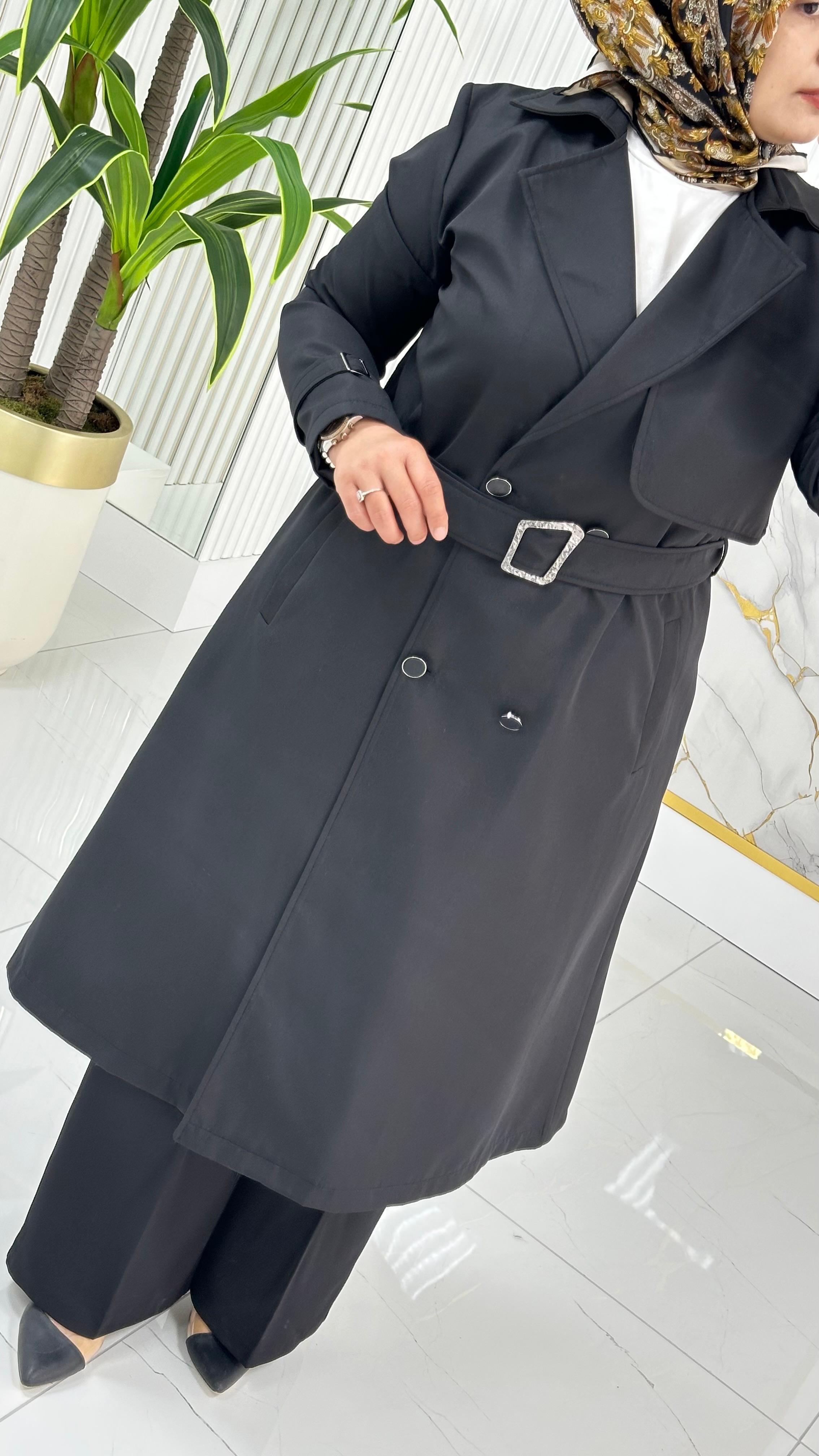 Çınar Özkan Kruvaze Yaka Düğmeli Beli Kemerli Kadın Trench Kap 2280 - Siyah