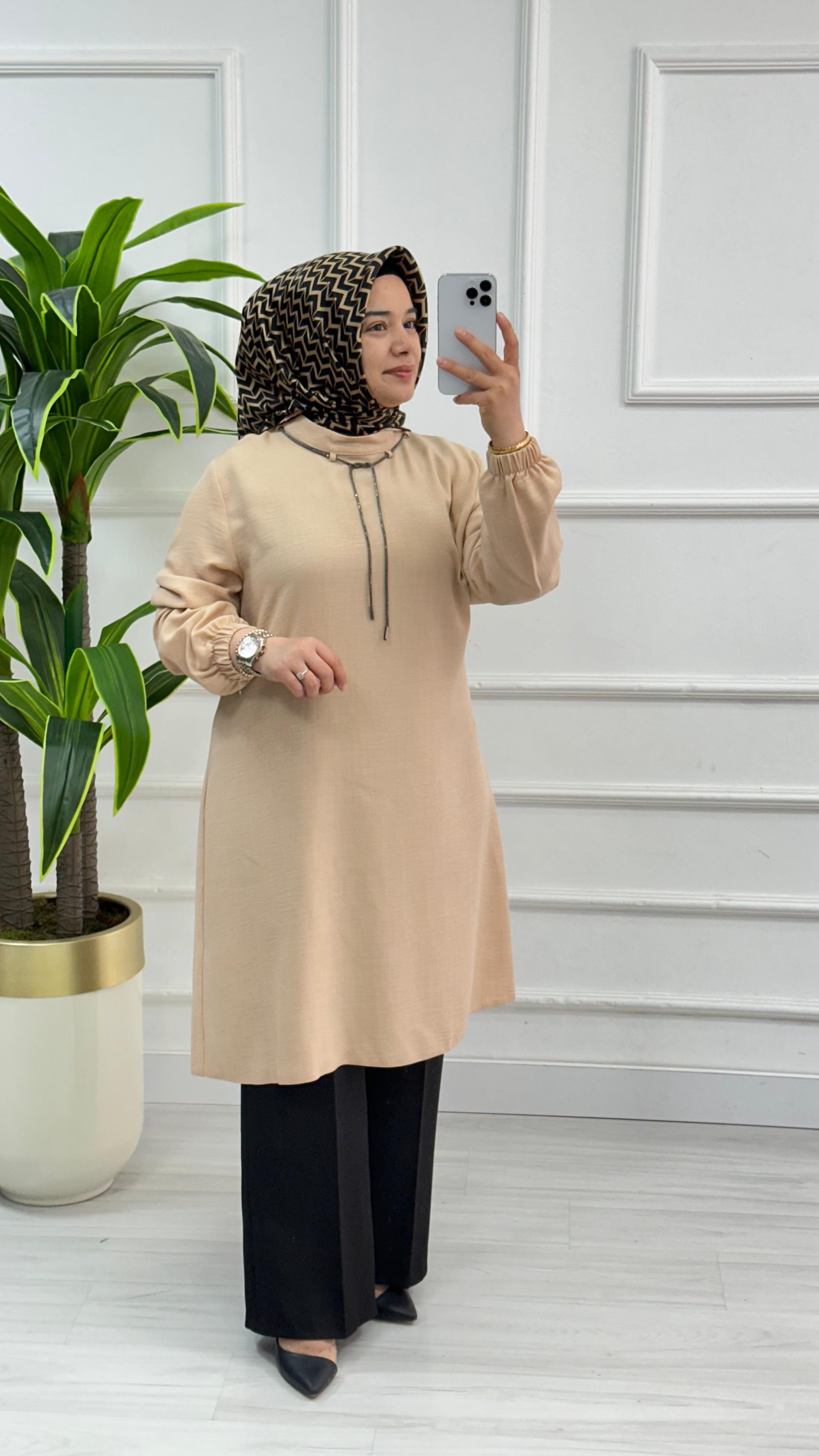 Sim İpli Pamuk Keten Tunik 2819 - Vizon