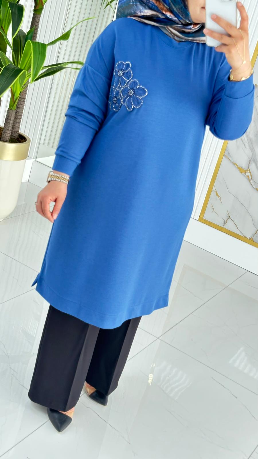 Kado Düşük Omuz Çiçek Motif Detaylı Oysho Kadın Tunik 7336-Kado