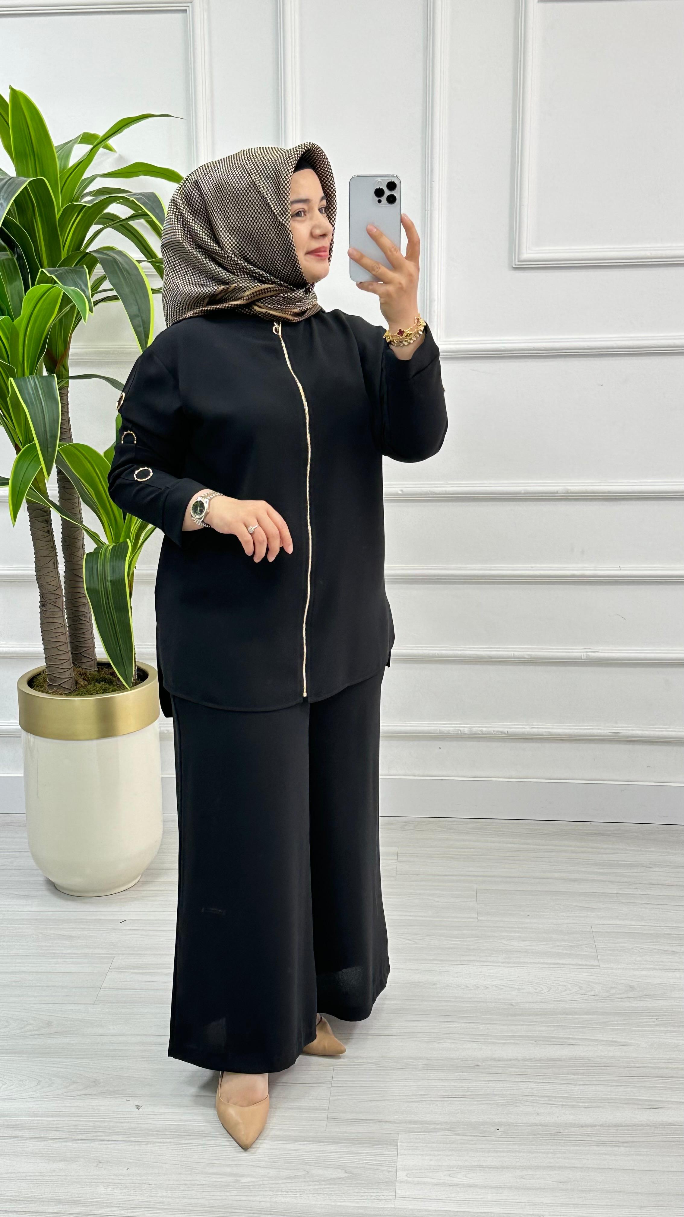 Belli (Armine) Ceket ve Pantolonlu Krep Takım 6001 - Siyah