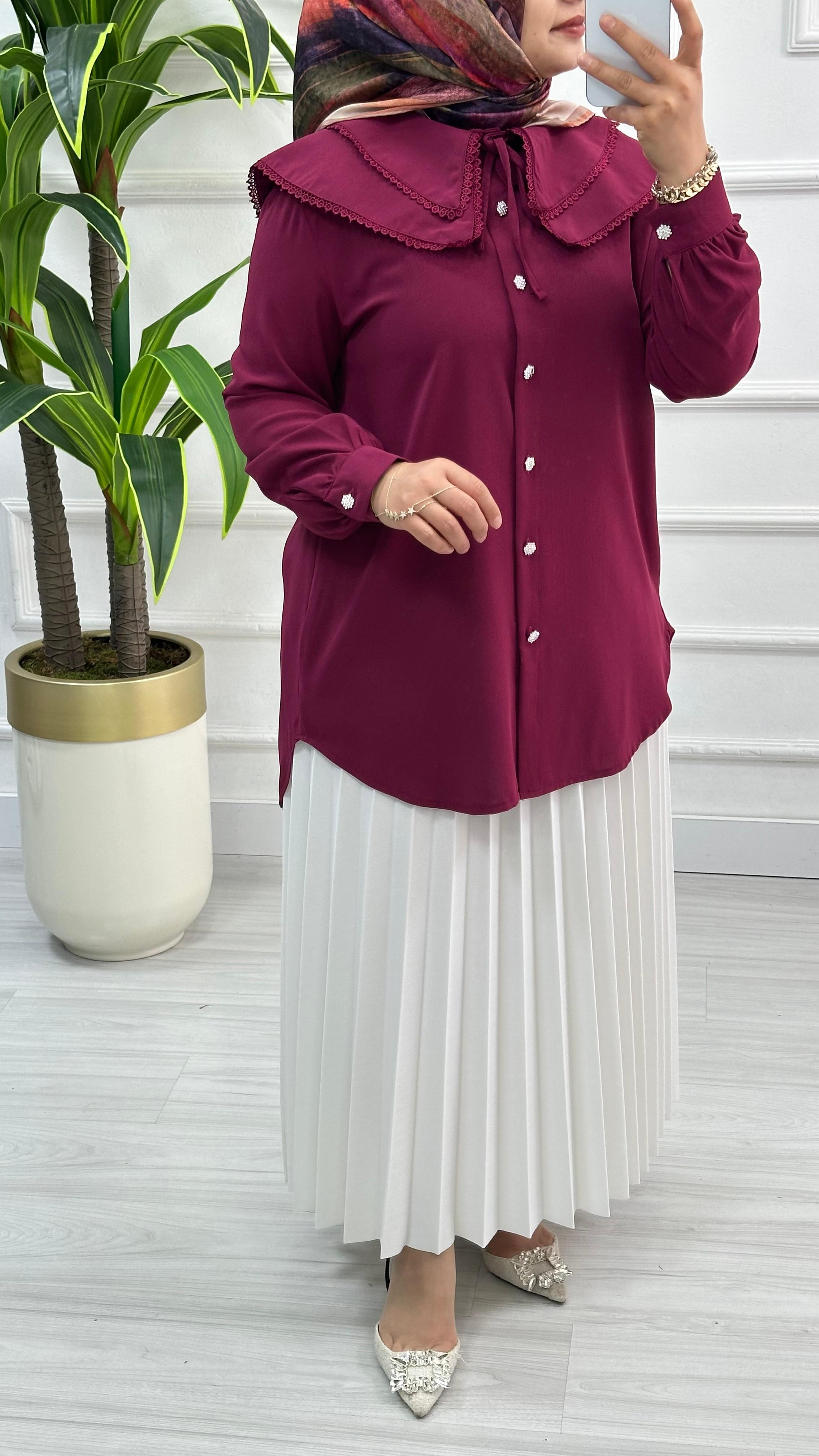 Dantelli Çift Yakalı Linda Tunik 1734 - Bordo