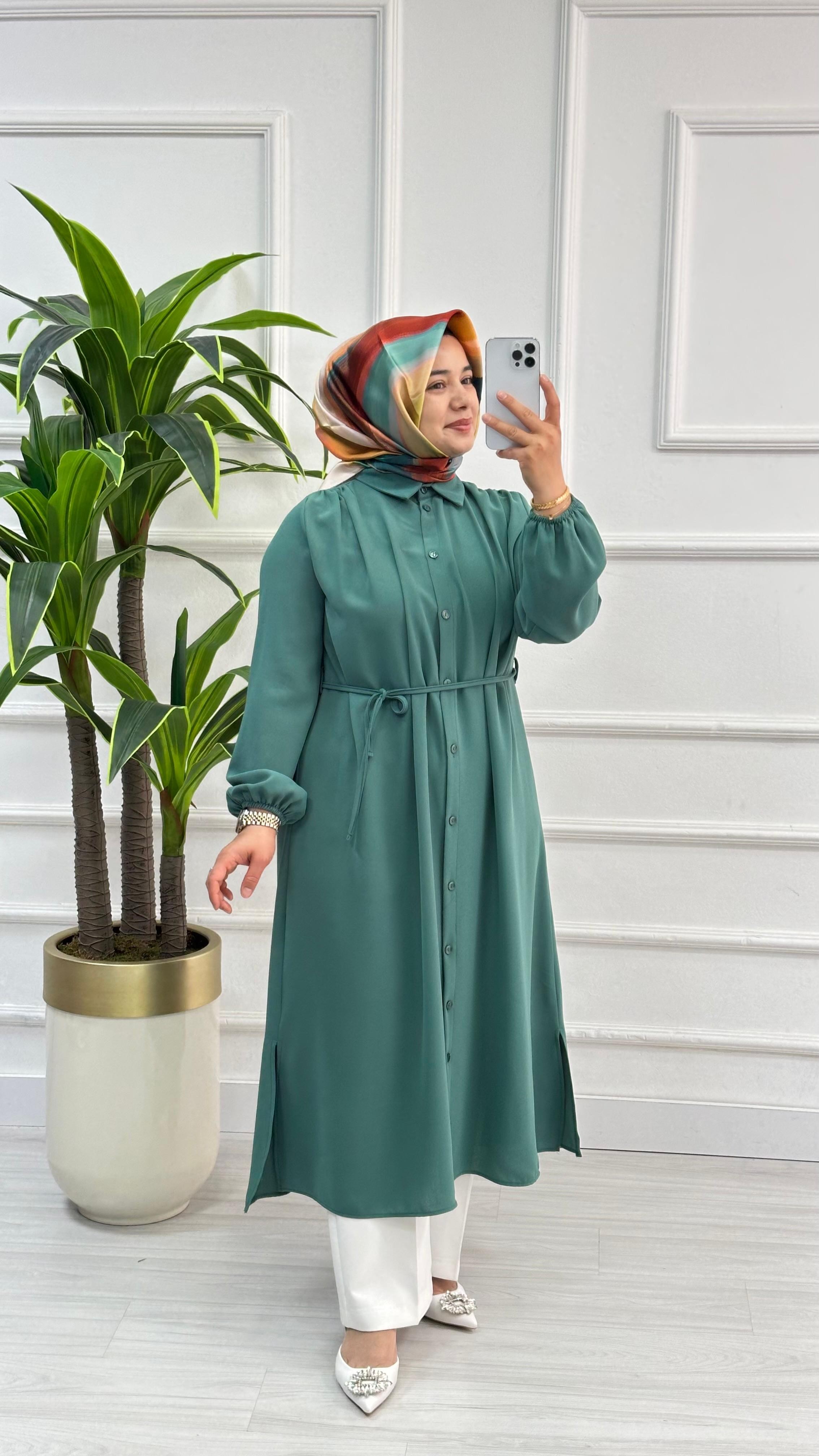 Omuzları Büzgülü Linda Kumaş Tunik 1562 - Mint Yeşili