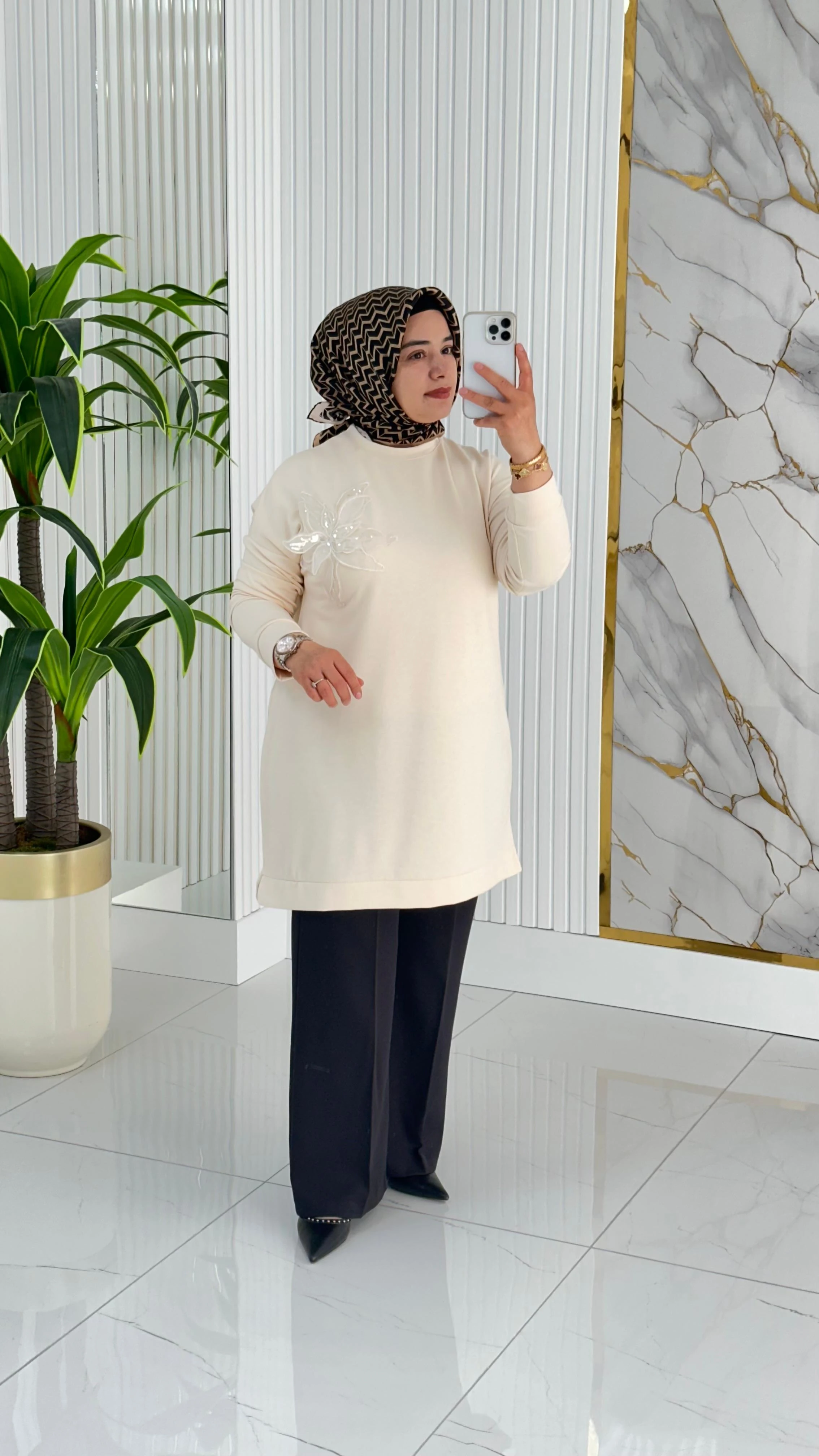 Kado Çiçek Desenli Tunik 7346 - Ekru