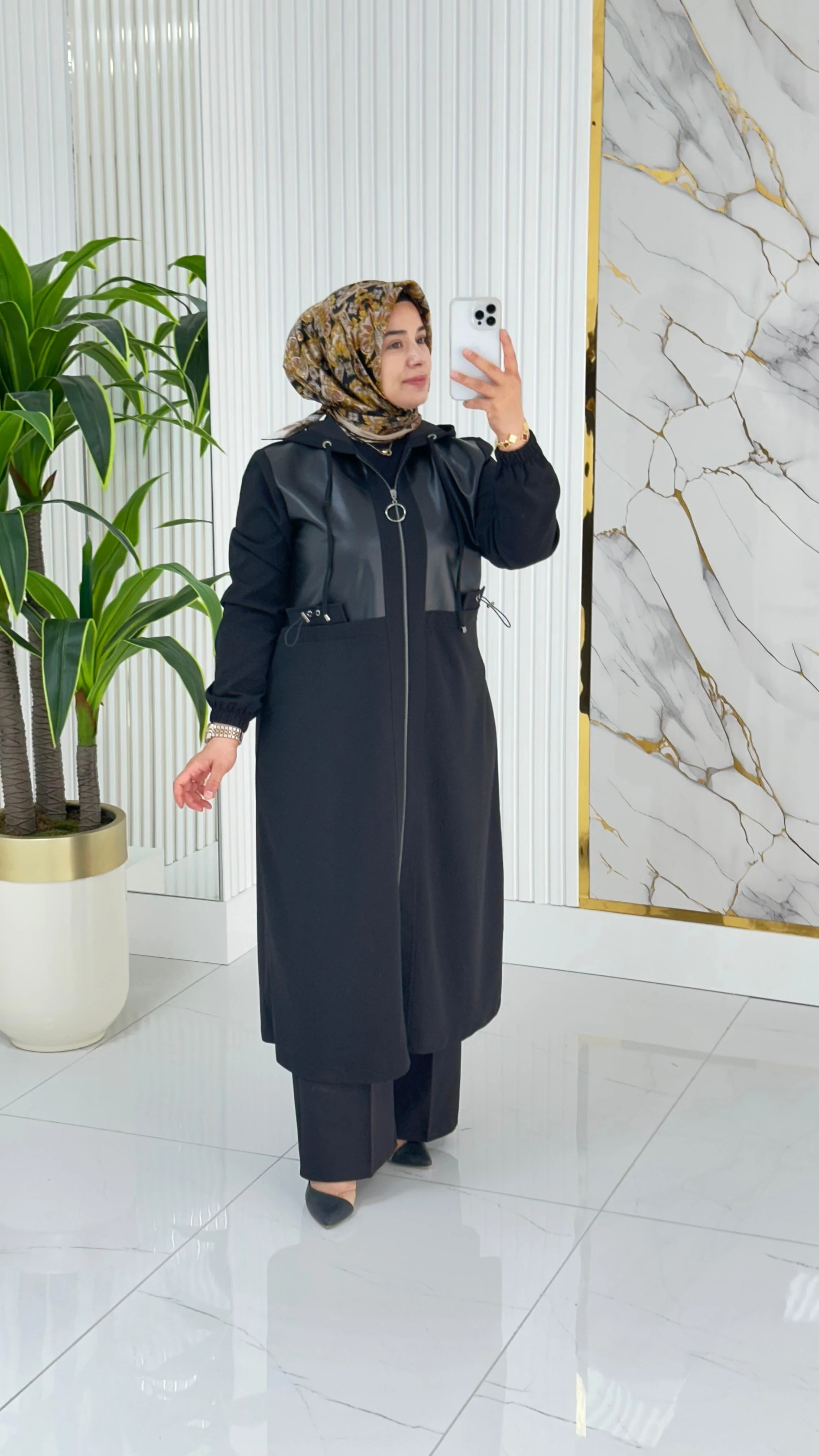 Önü Fermuarlı Deri Kombinli Kadın Giyçık Kap 2278 - Siyah