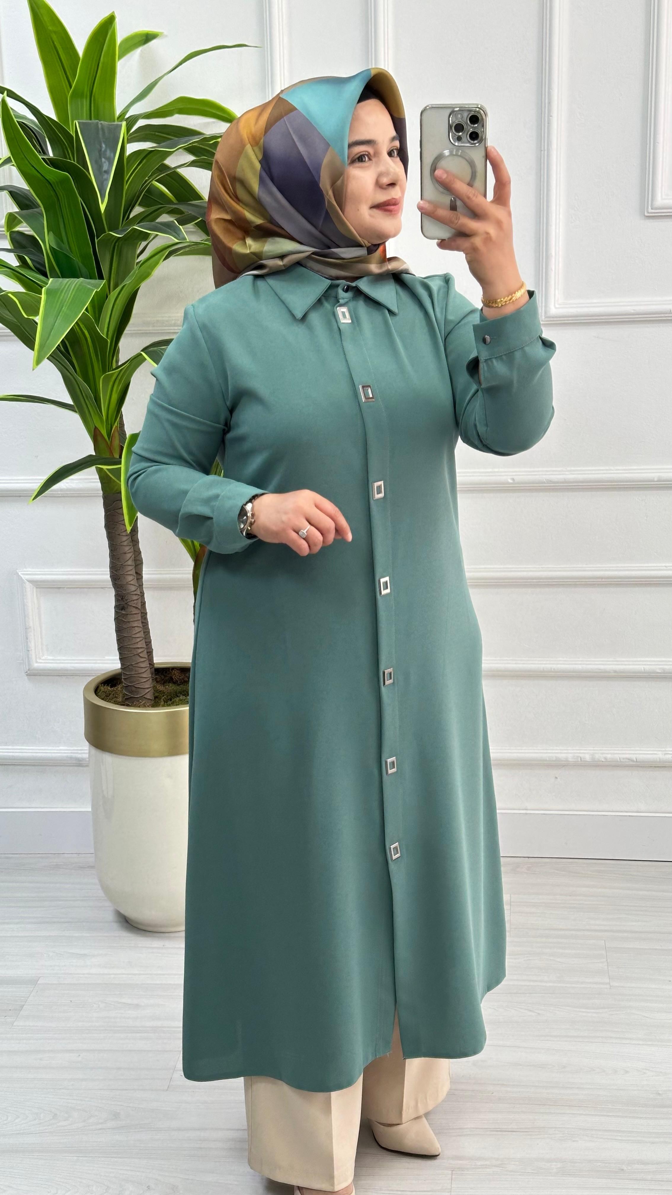 Çınar Özkan Çıt Çıtlı Uzun Tesettür Tunik Giyçık 2132 - Mint Yeşili