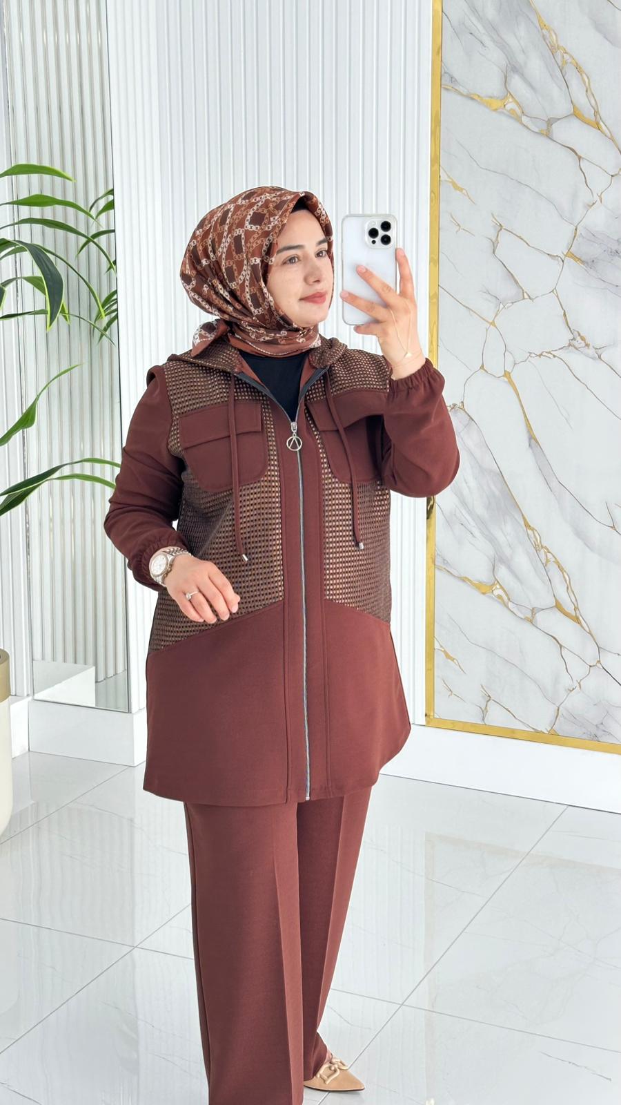 Çınar Özkan Fileli Pantolonlu Takım 2233 - Kahverengi