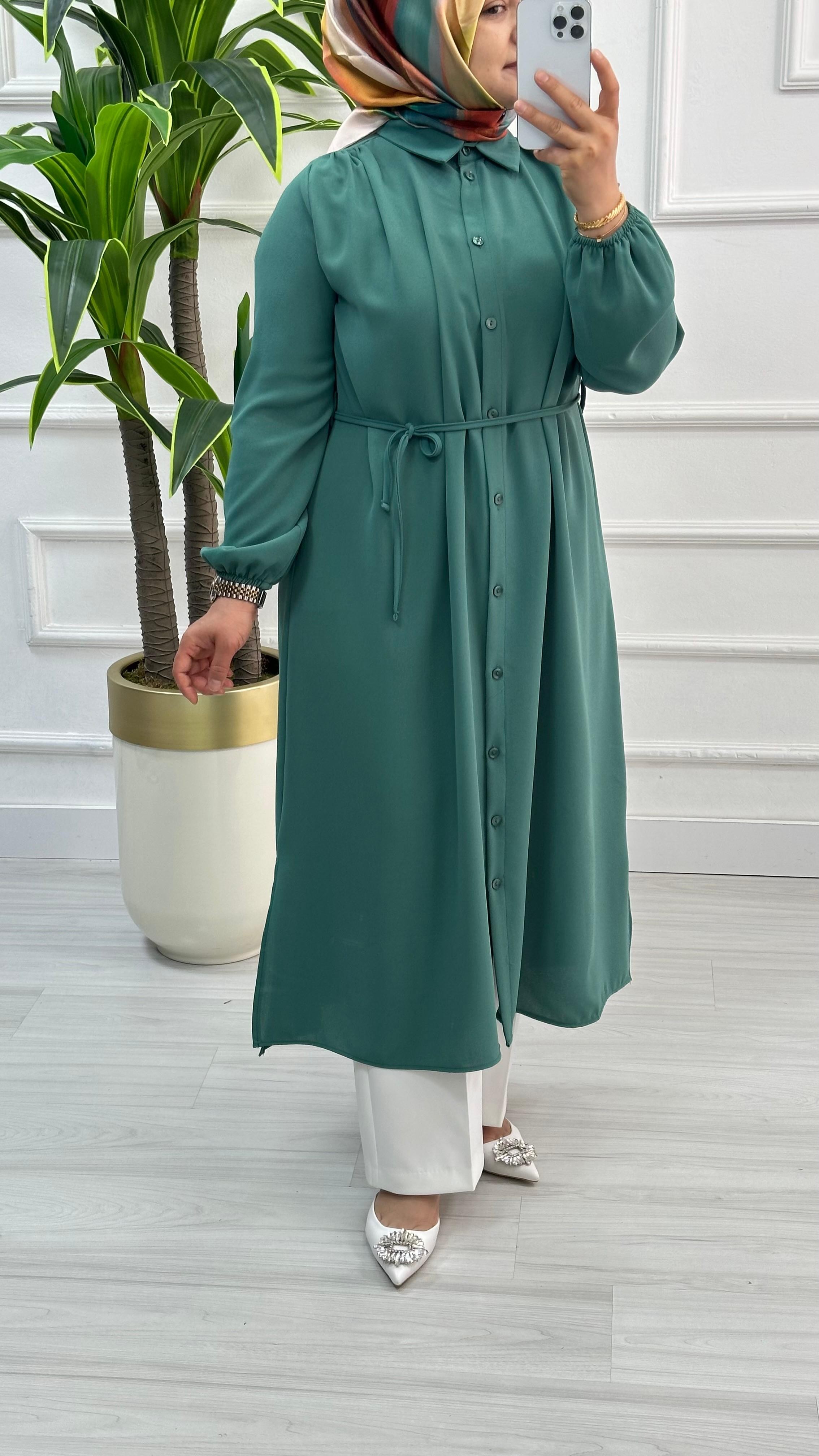 Omuzları Büzgülü Linda Kumaş Tunik 1562 - Mint Yeşili