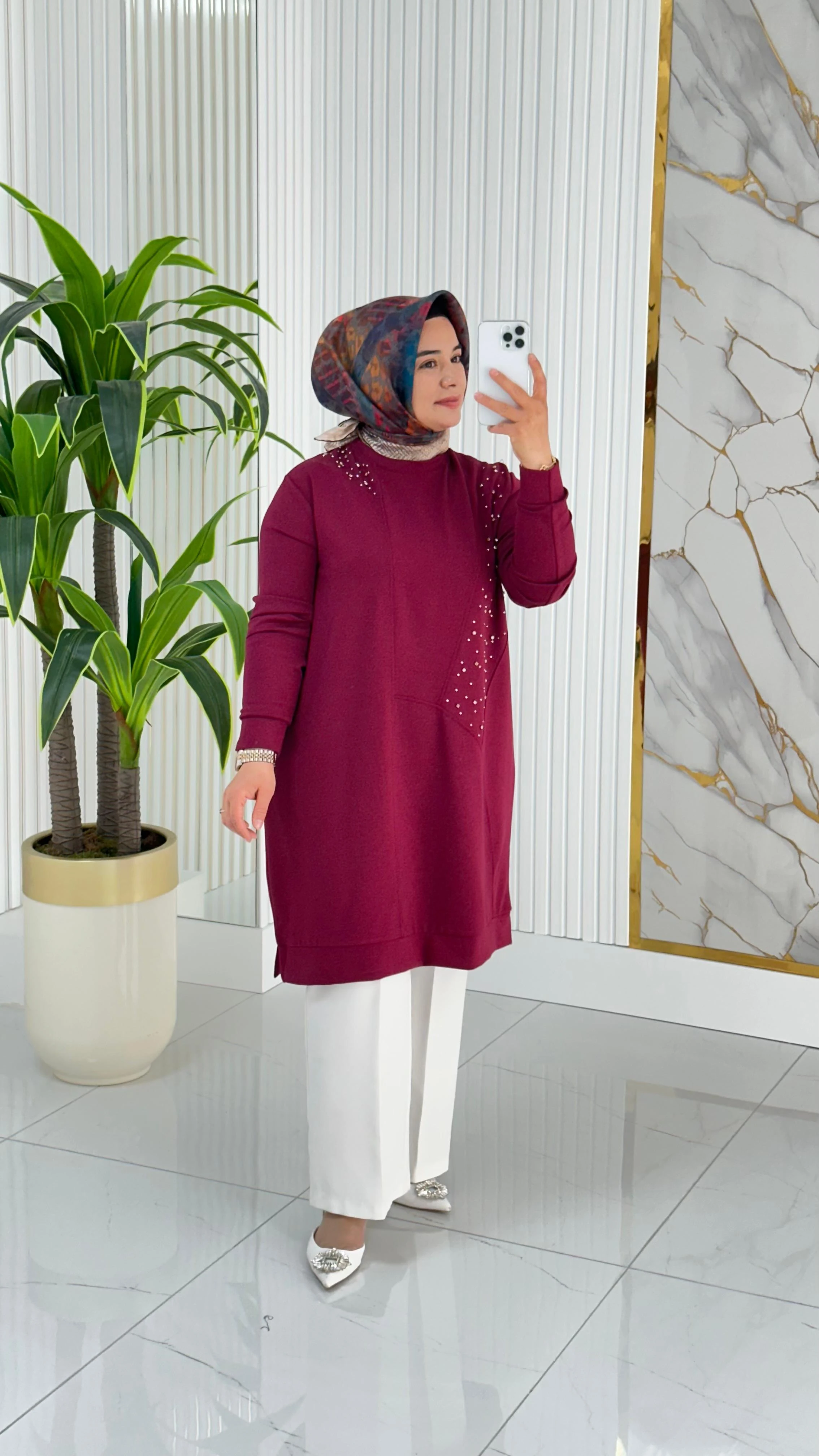 Kado Taş Baskılı Asimetrik Tunik 7020 - Bordo