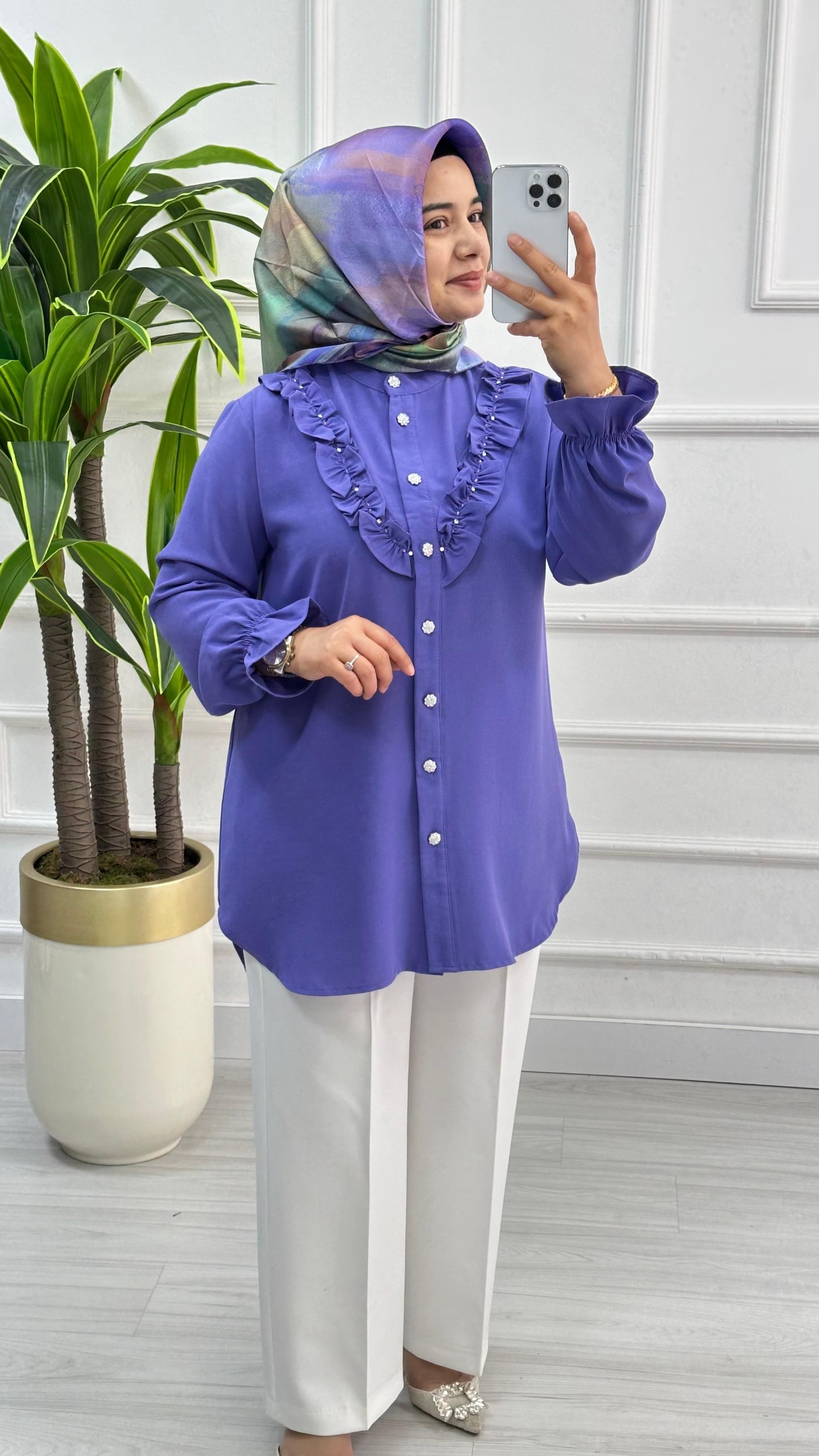 Önü Taşlı ve Fırfırlı Linda Tunik 1903 - Lila
