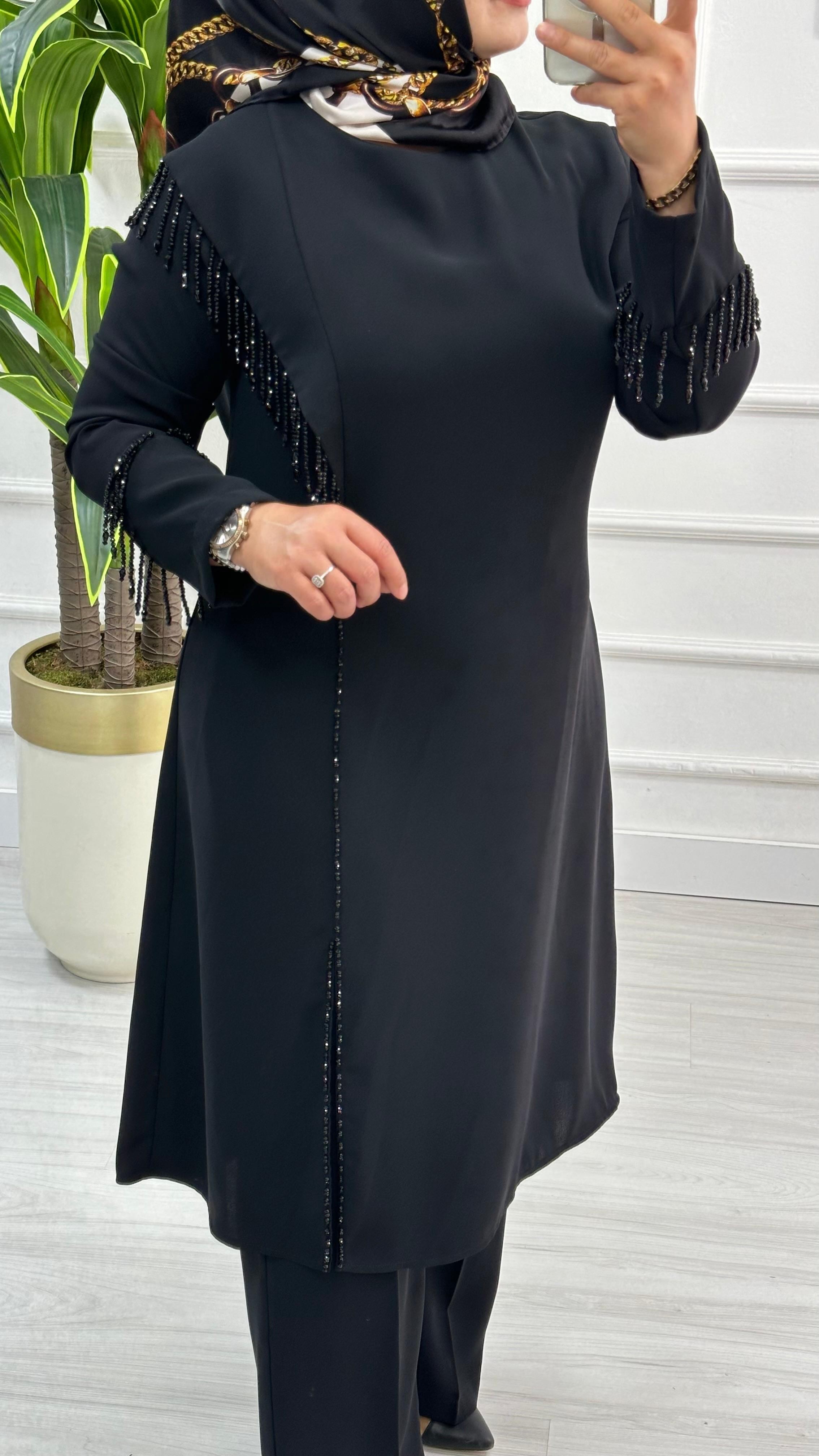 Altın Kreasyon Önü ve Kolları Taşlı Pantolonlu İkili Takım 8839