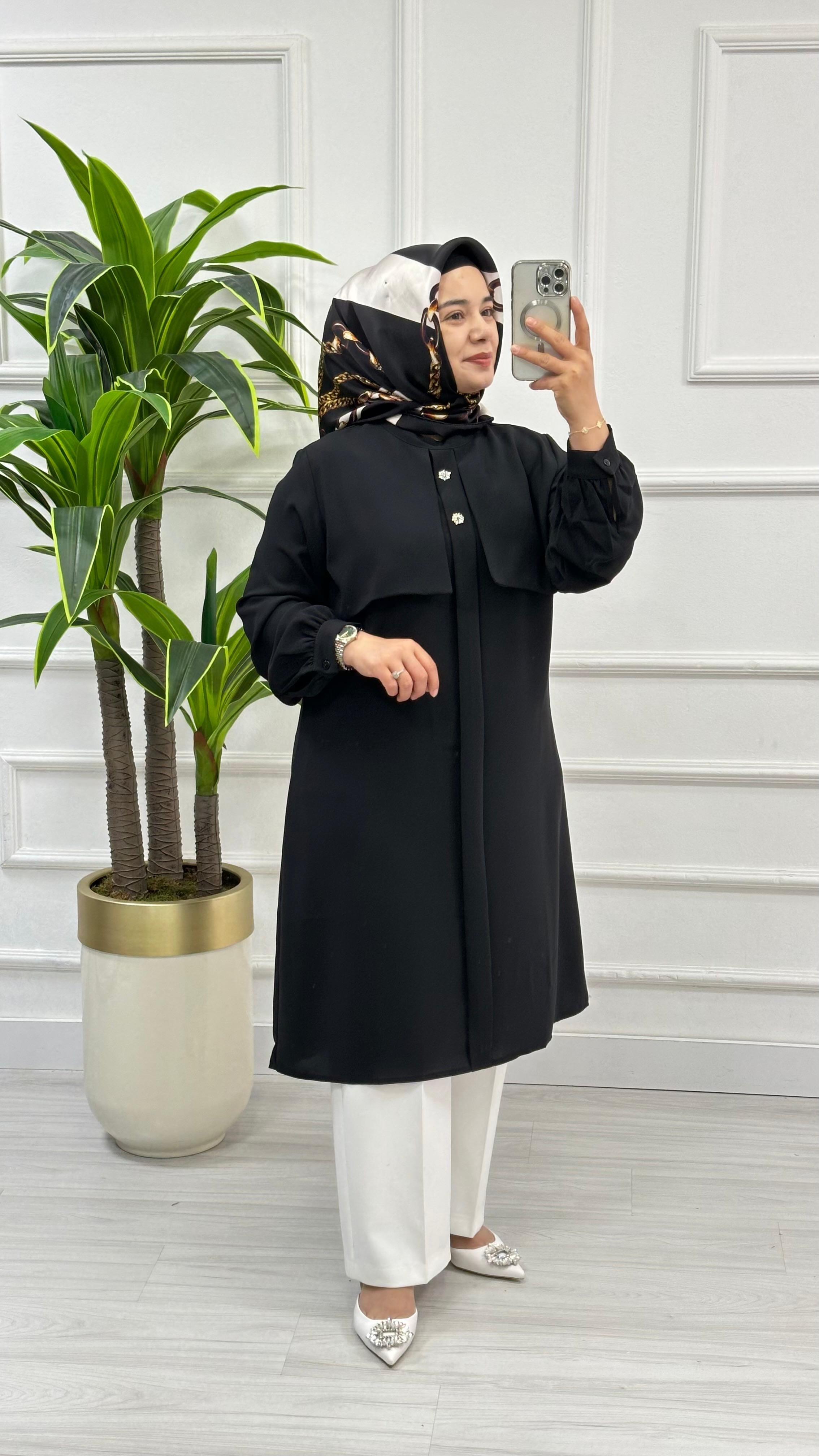 Alesya Taşlı Cepkenli Polo Krep Tunik 4887 - Siyah