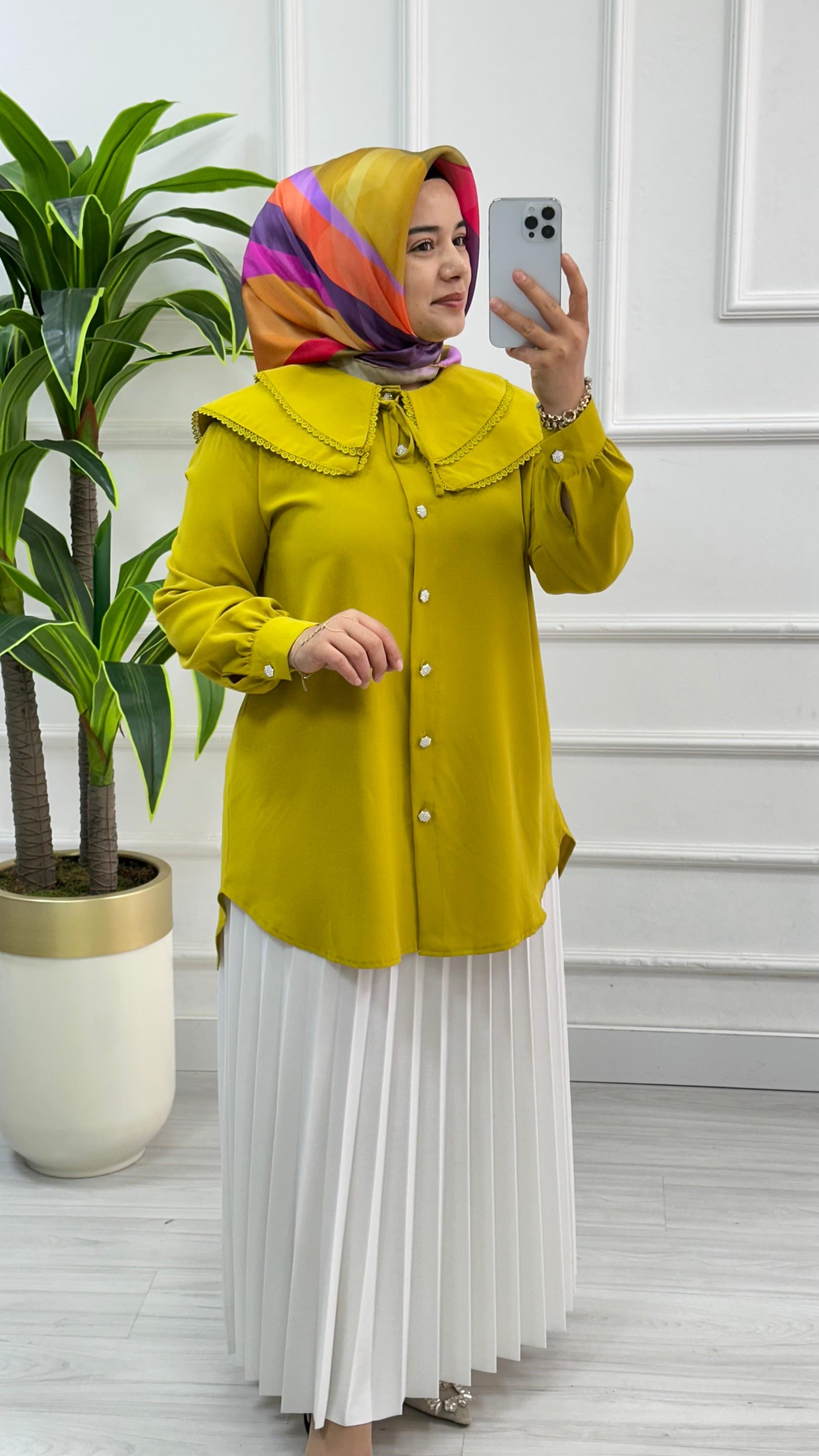 Dantelli Çift Yakalı Linda Tunik 1734 - Yağ Yeşili