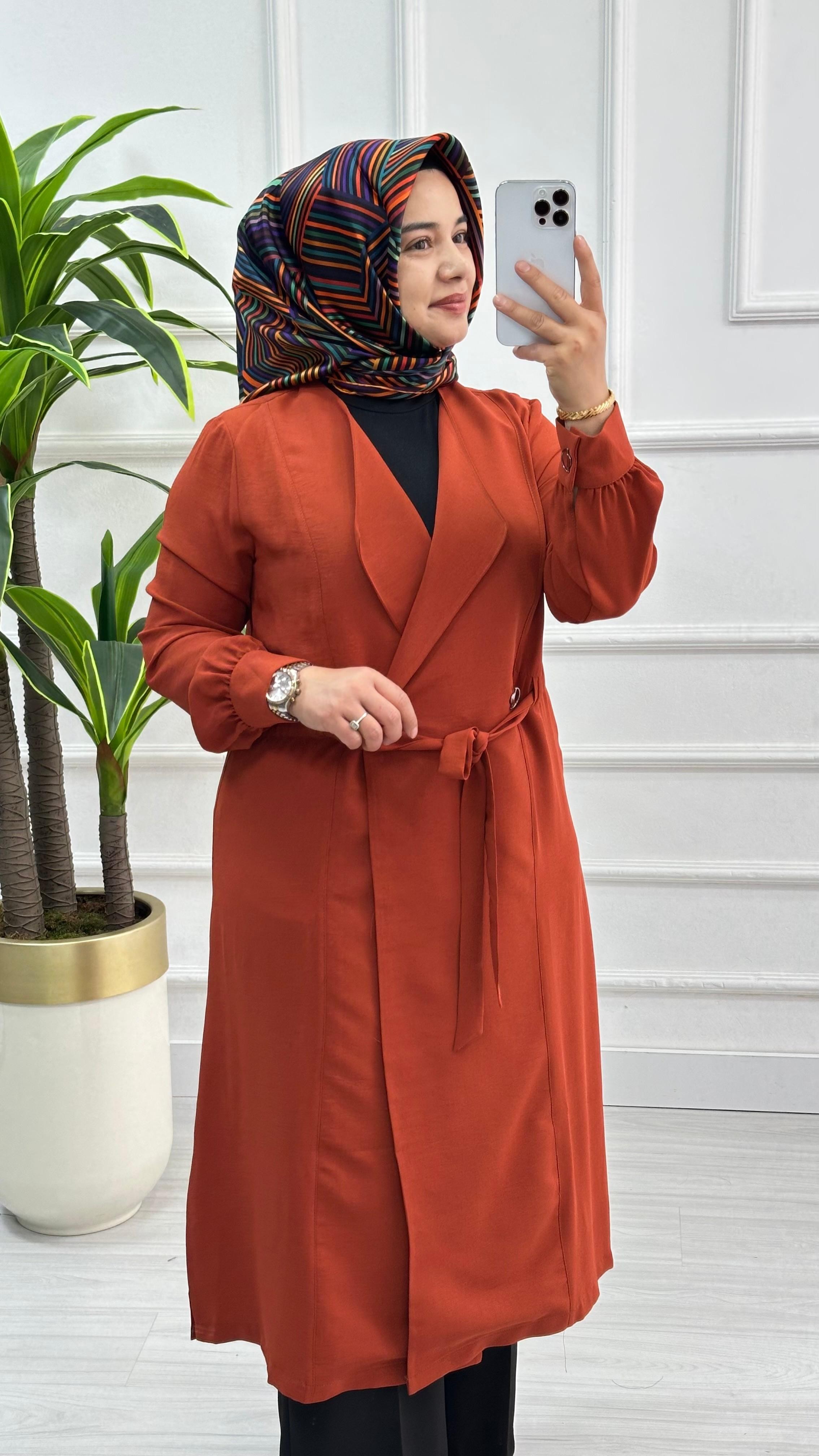 Panova Çıt Detaylı Kuşaklı Anvelok Kapamalı Giy Çık 7010 - Kiremit