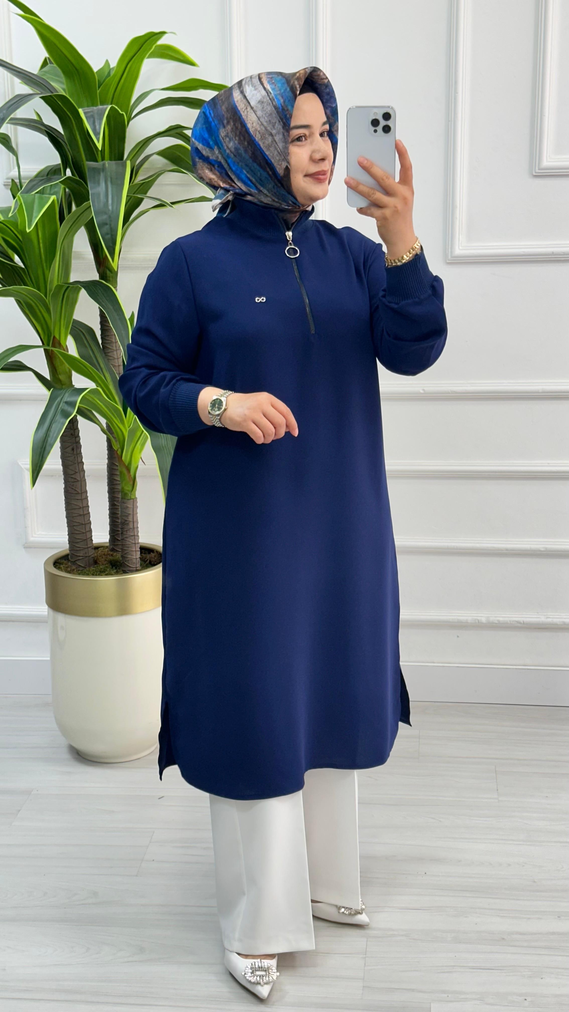 Kado Fermuarlı Uzun Boy Tesettür Tunik 1591 - Lacivert
