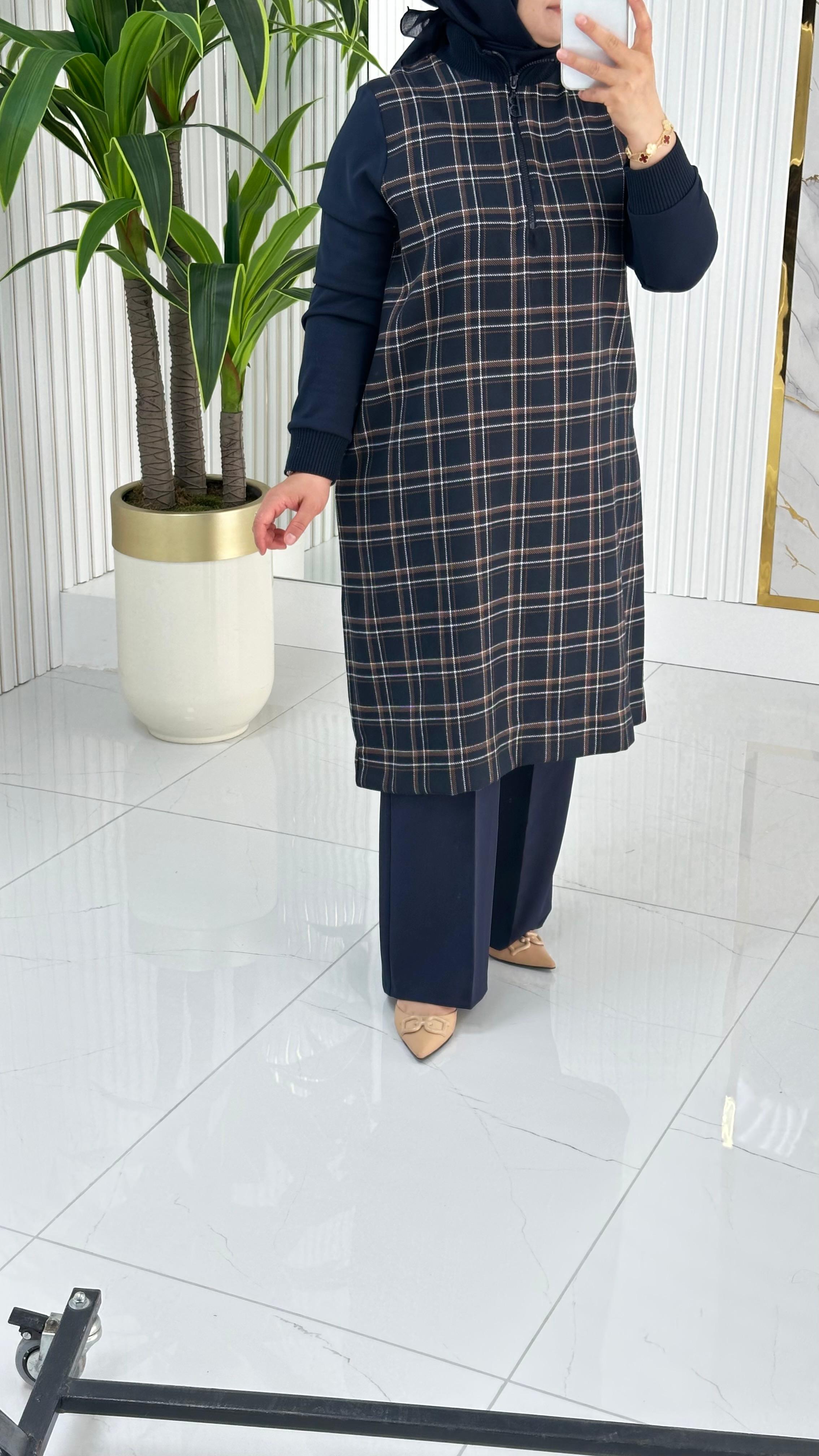 BELLİ (Armine Trend)Ekose Desen Ribanalı Kadın Tunik 1442