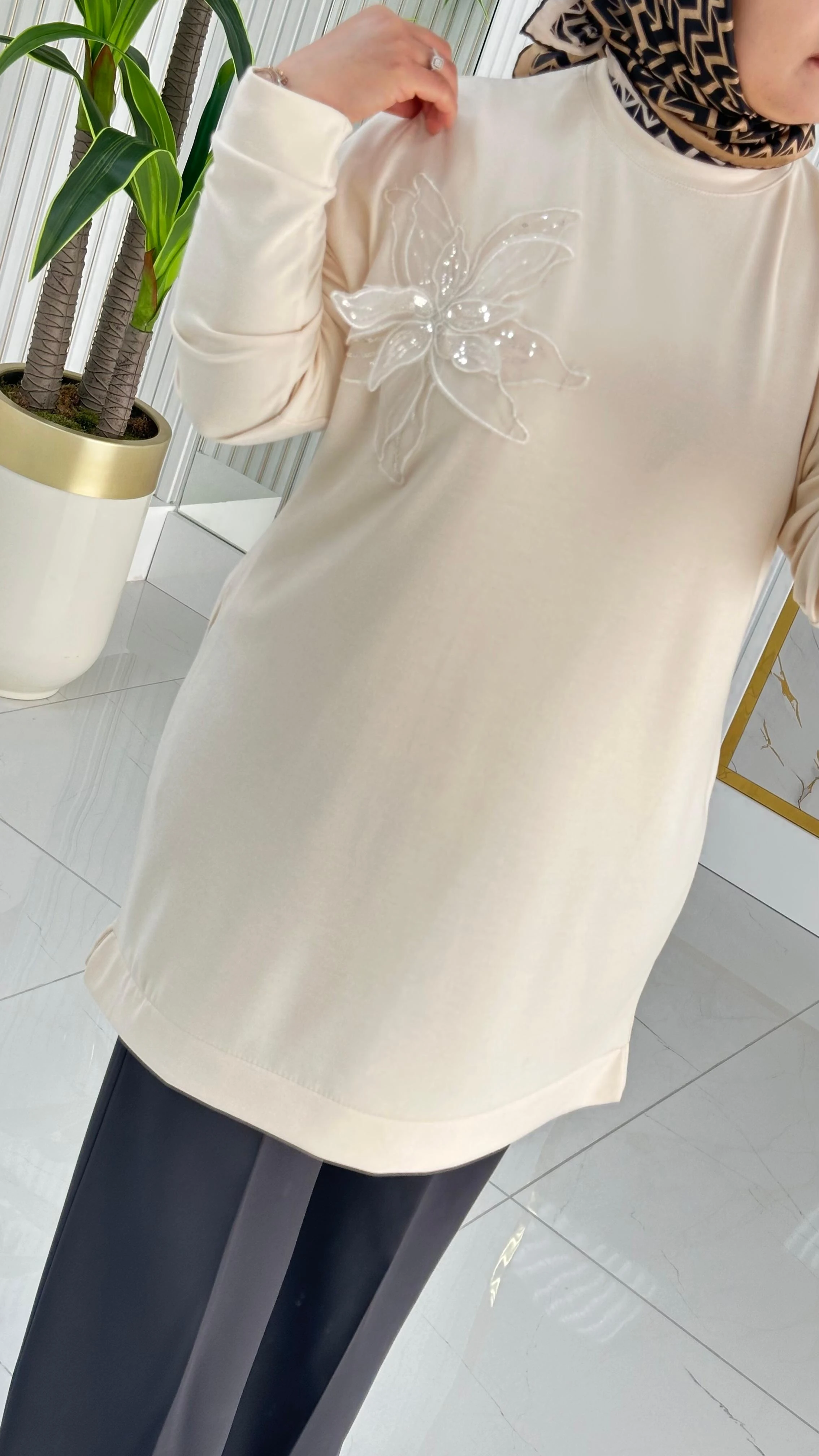 Kado Çiçek Desenli Tunik 7346 - Ekru