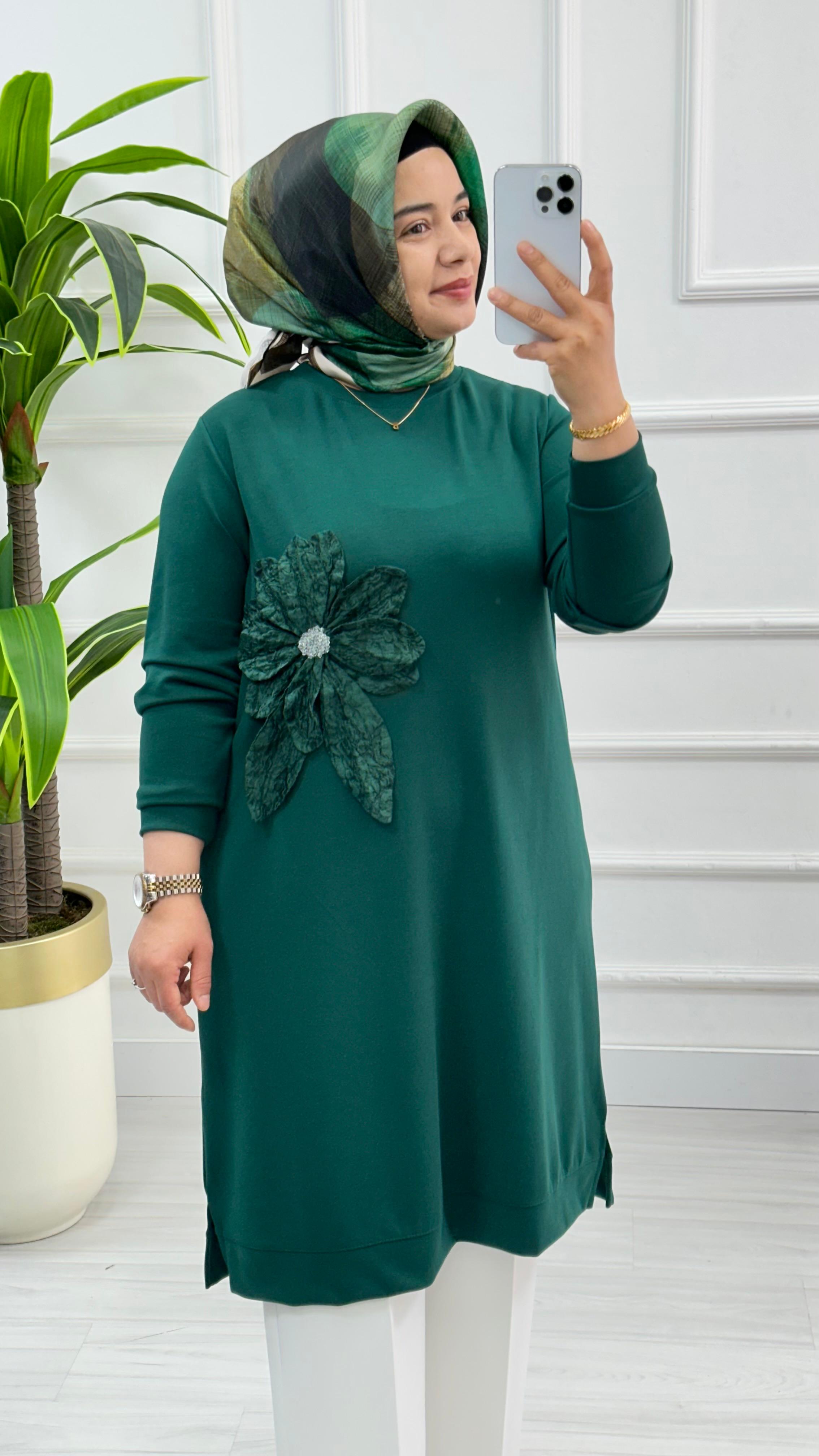 Kado Uzun Boy Çiçek Desenli Tunik 1354 - Zümrüt