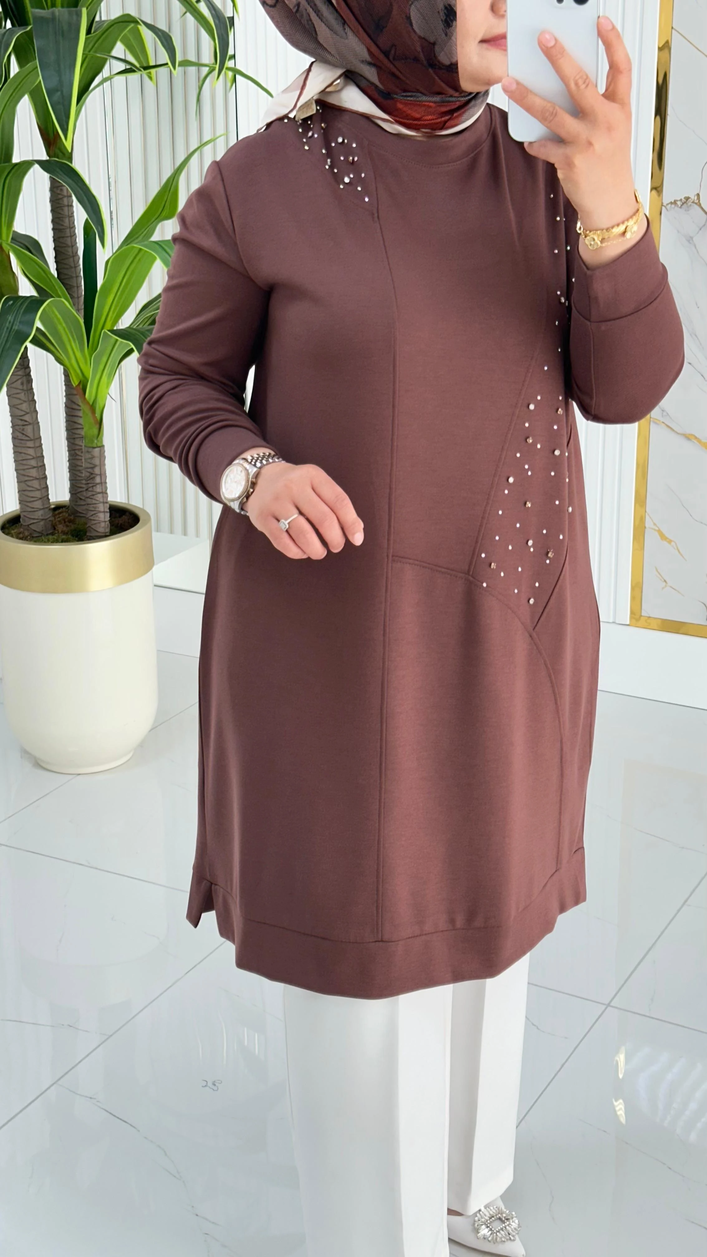 Kado Taş Baskılı Asimetrik Tunik 7020 - Kahverengi