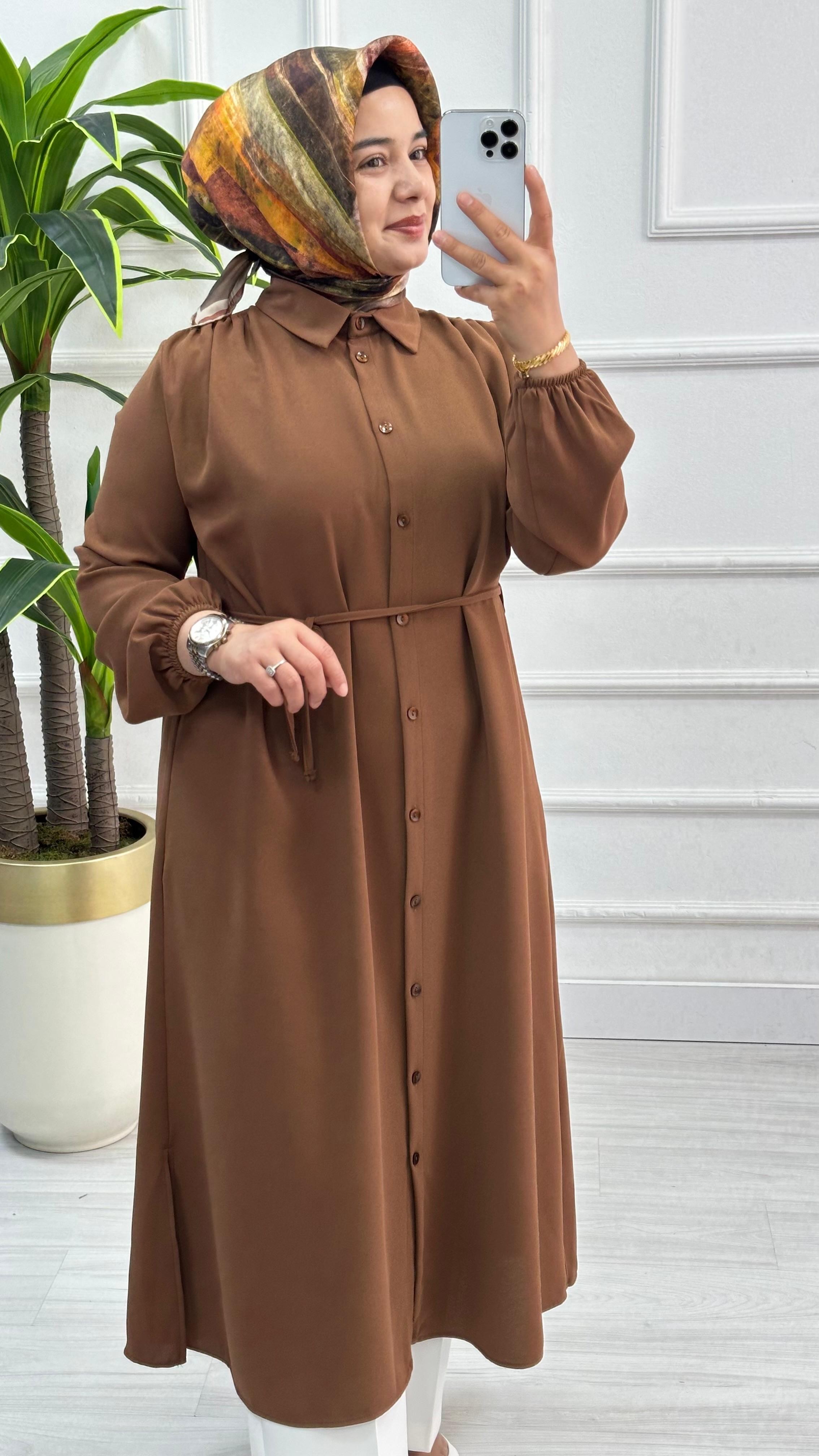 Omuzları Büzgülü Linda Kumaş Tunik 1562 - Kahverengi