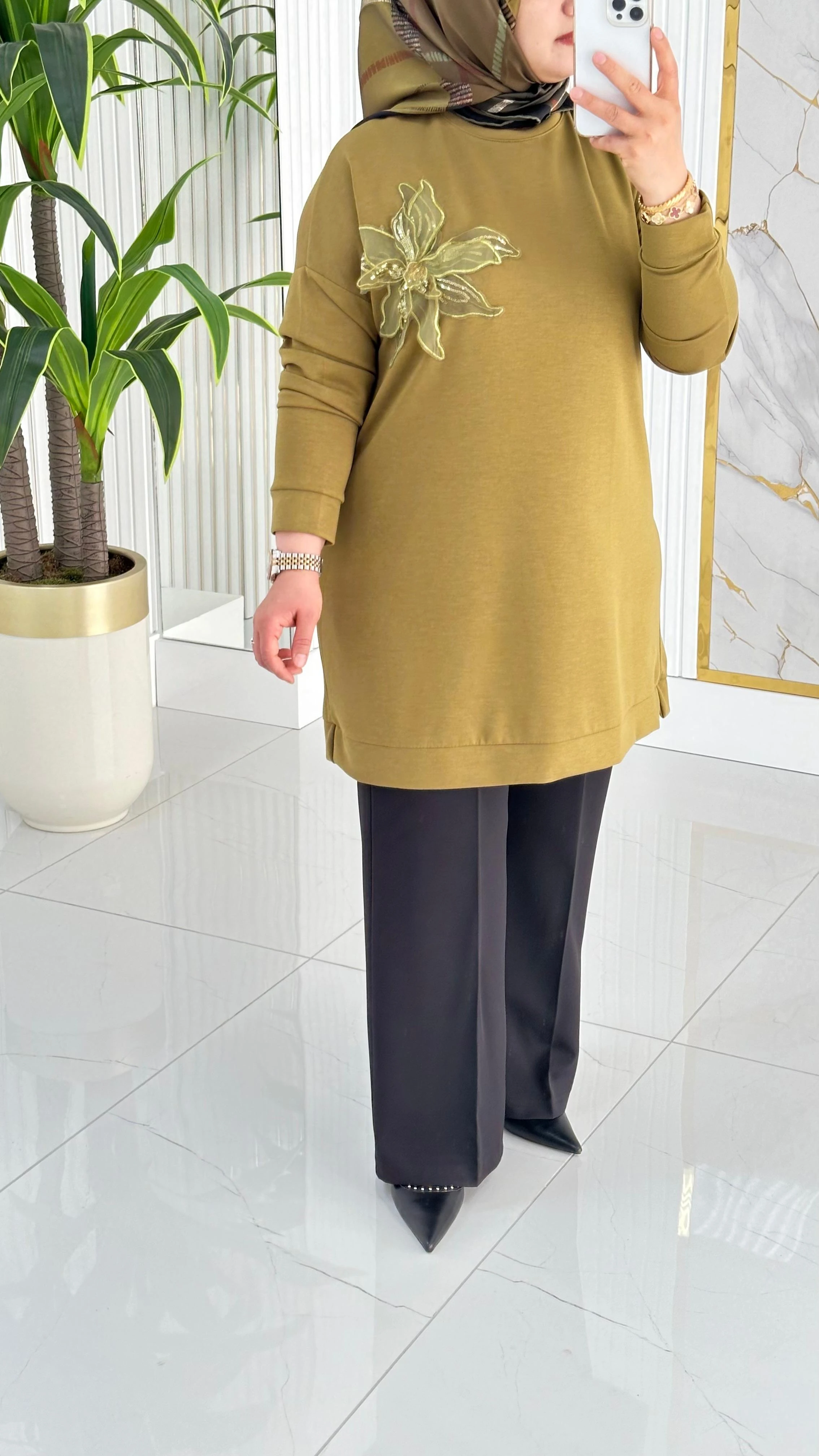 Kado Çiçek Desenli Tunik 7346 - Yağ Yeşili