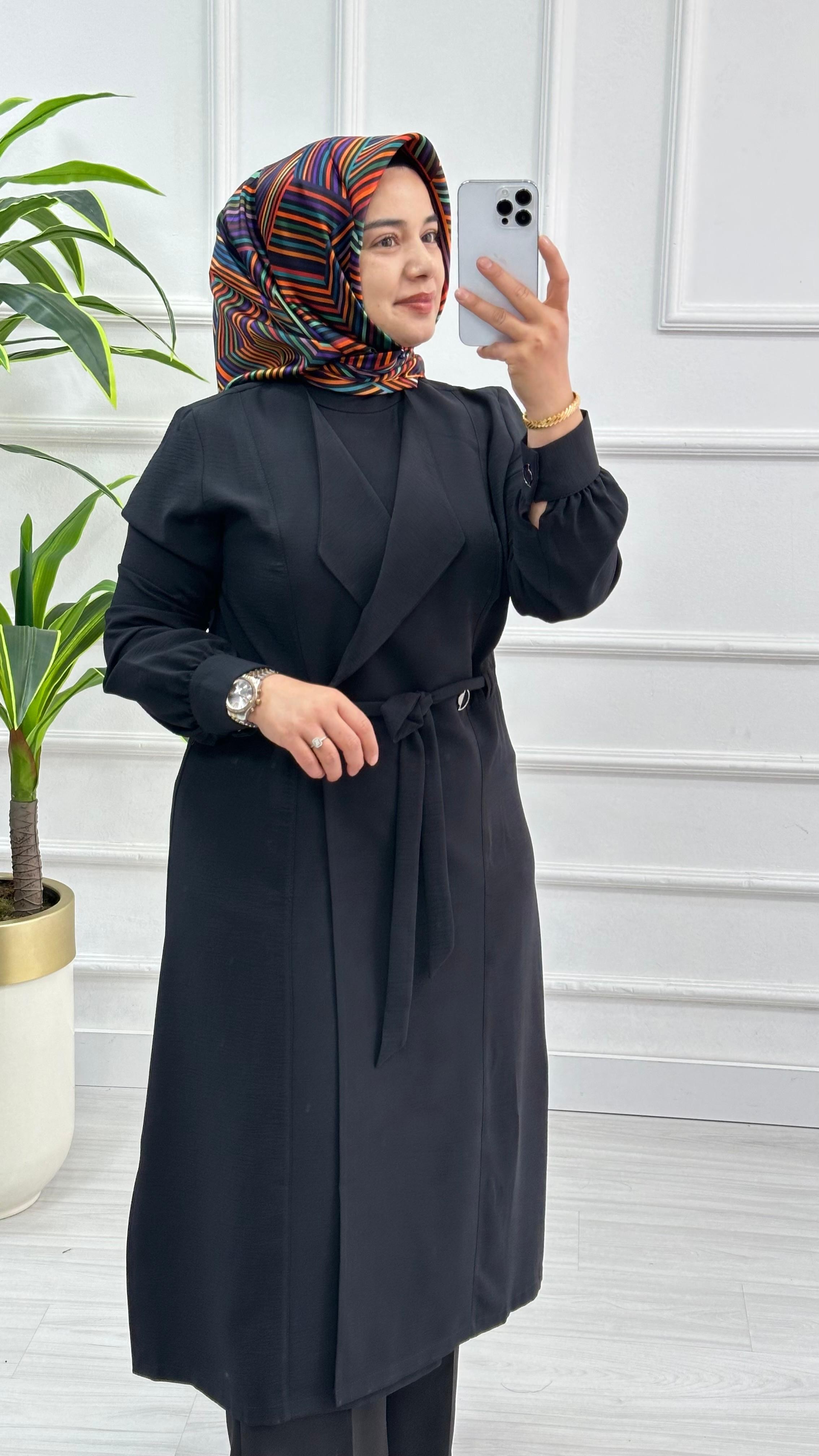 Panova Çıt Detaylı Kuşaklı Anvelok Kapamalı Giy Çık 7010 - Siyah