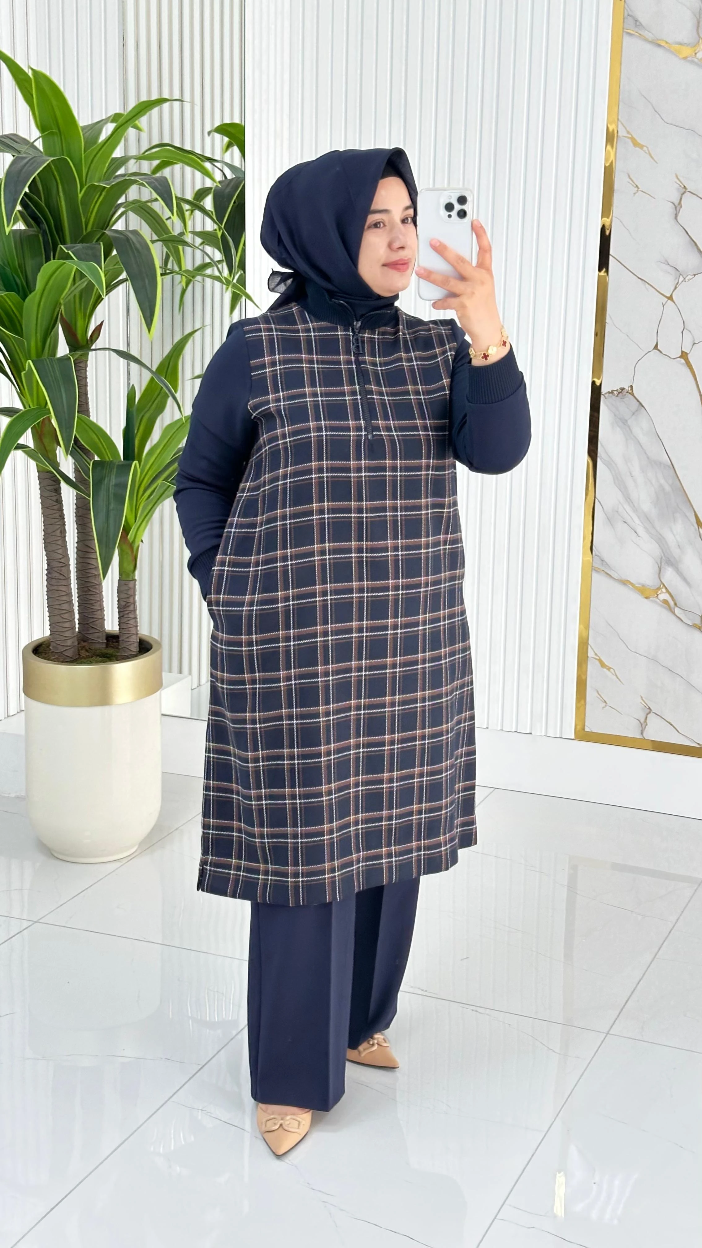 BELLİ (Armine Trend)Ekose Desen Ribanalı Kadın Tunik 1442