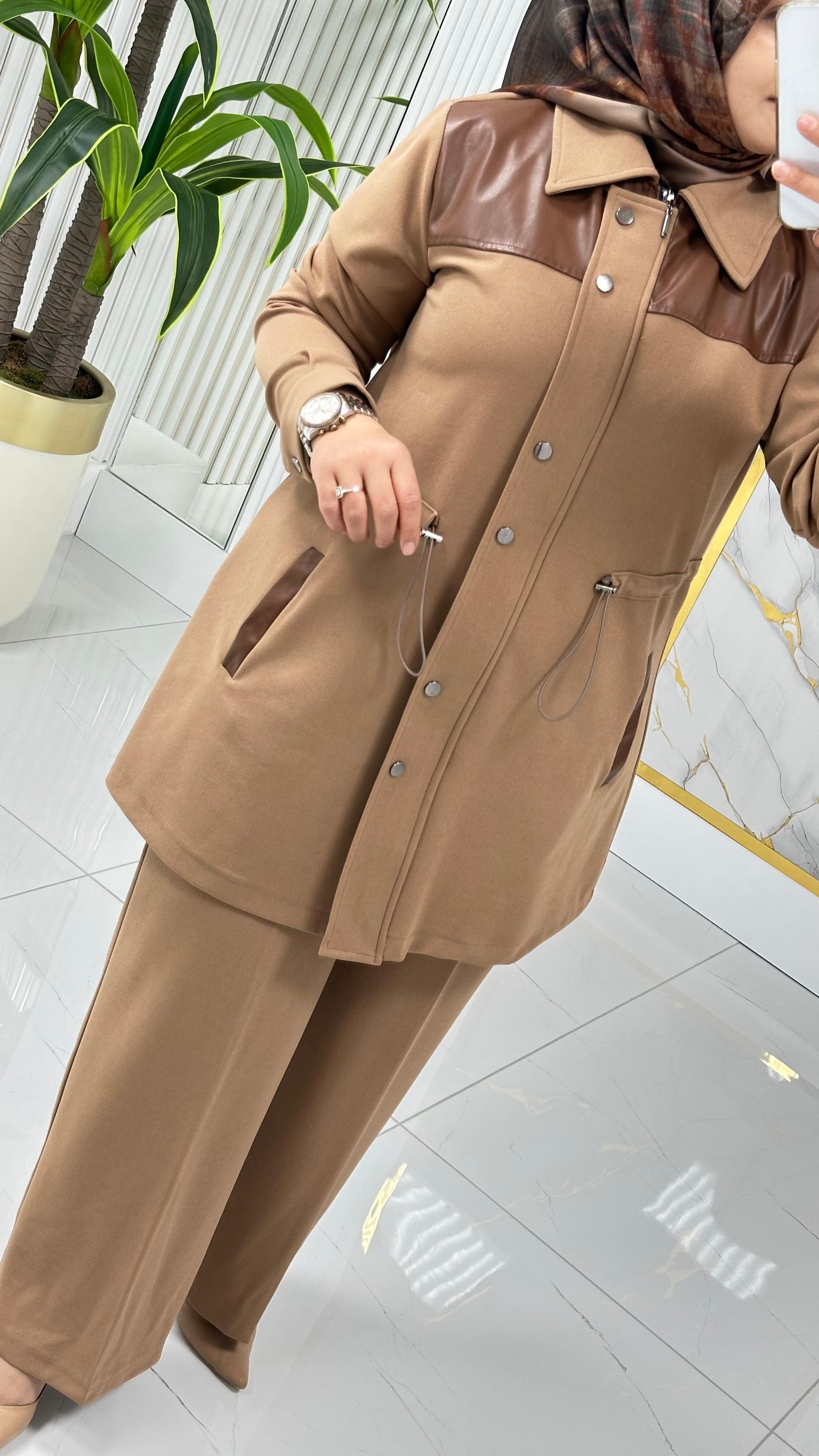 ÇINAR ÖZKAN DERİ DETAYLI İKİLİ TAKIM 2235 - Vizon