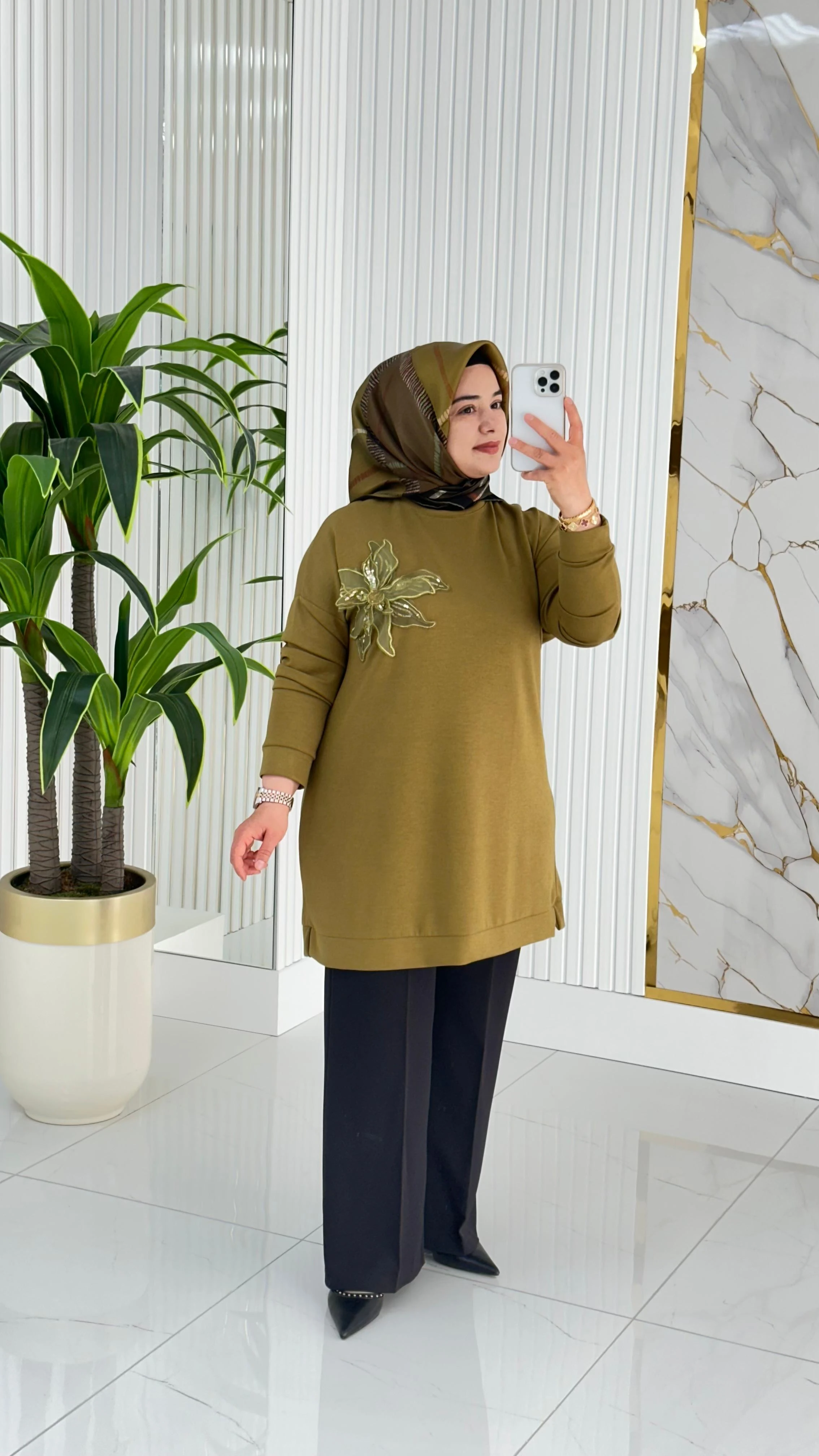 Kado Çiçek Desenli Tunik 7346 - Yağ Yeşili